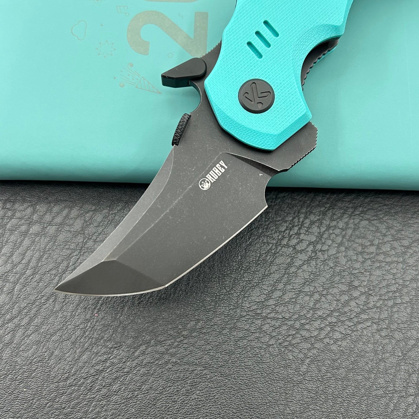KUBEY knife KU439D Jaw Tanto Pikal Folding Knife Tiffany Blue G-10 Handle 2.52" Blackwash 14C28N