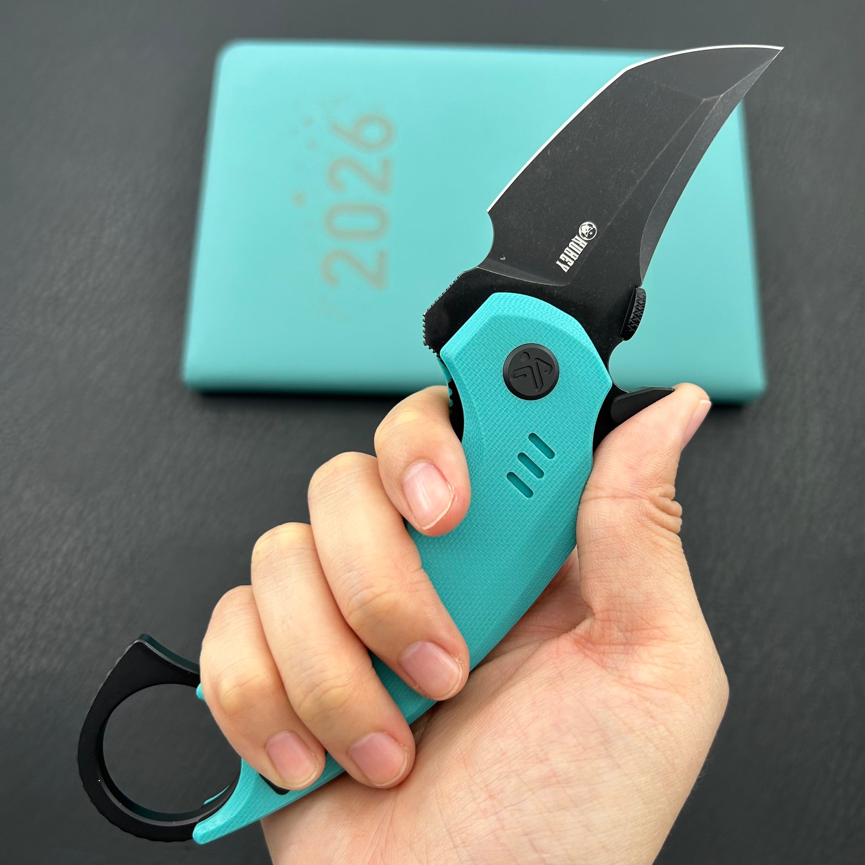 KUBEY knife KU439D Jaw Tanto Pikal Folding Knife Tiffany Blue G-10 Handle 2.52" Blackwash 14C28N