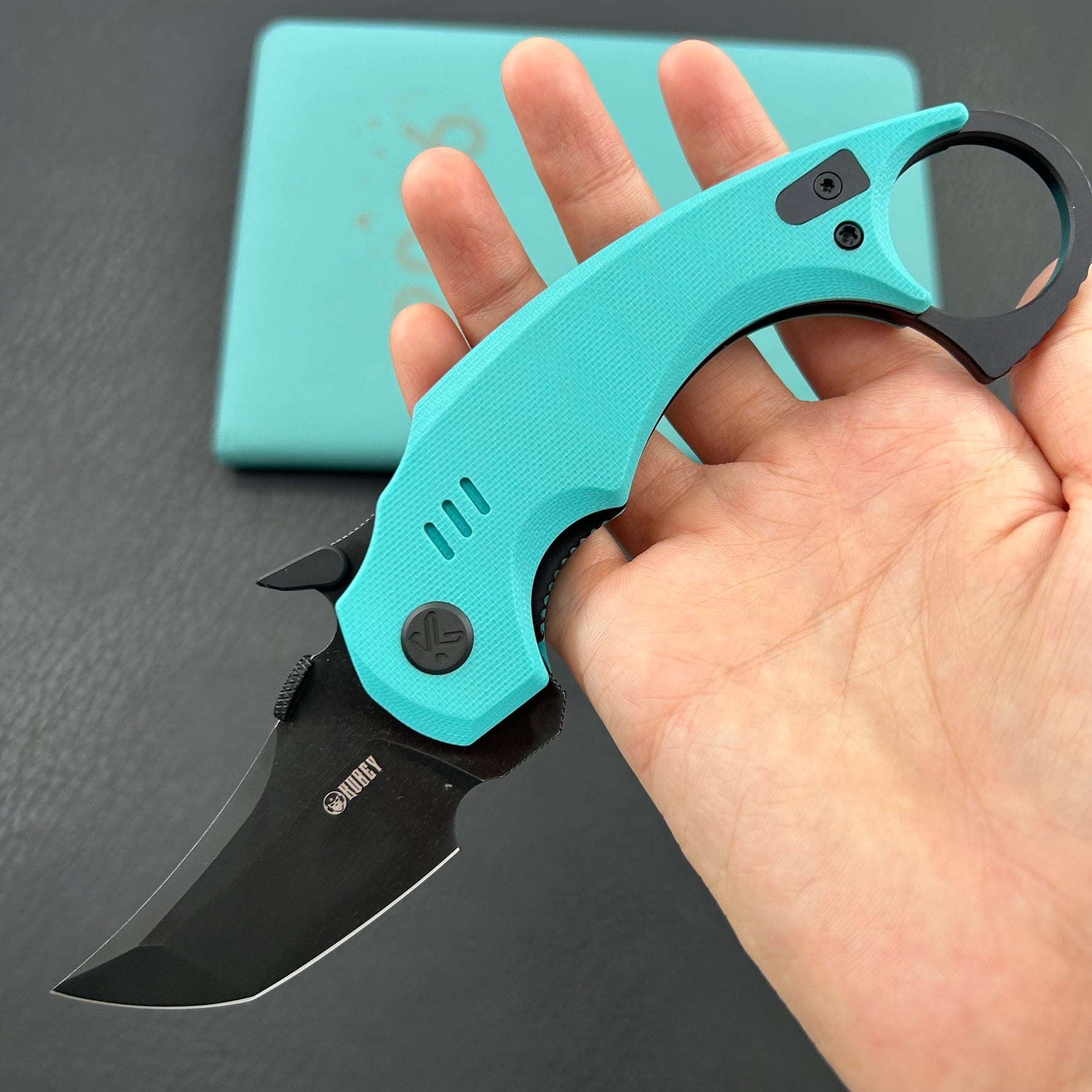 KUBEY knife KU439D Jaw Tanto Pikal Folding Knife Tiffany Blue G-10 Handle 2.52" Blackwash 14C28N