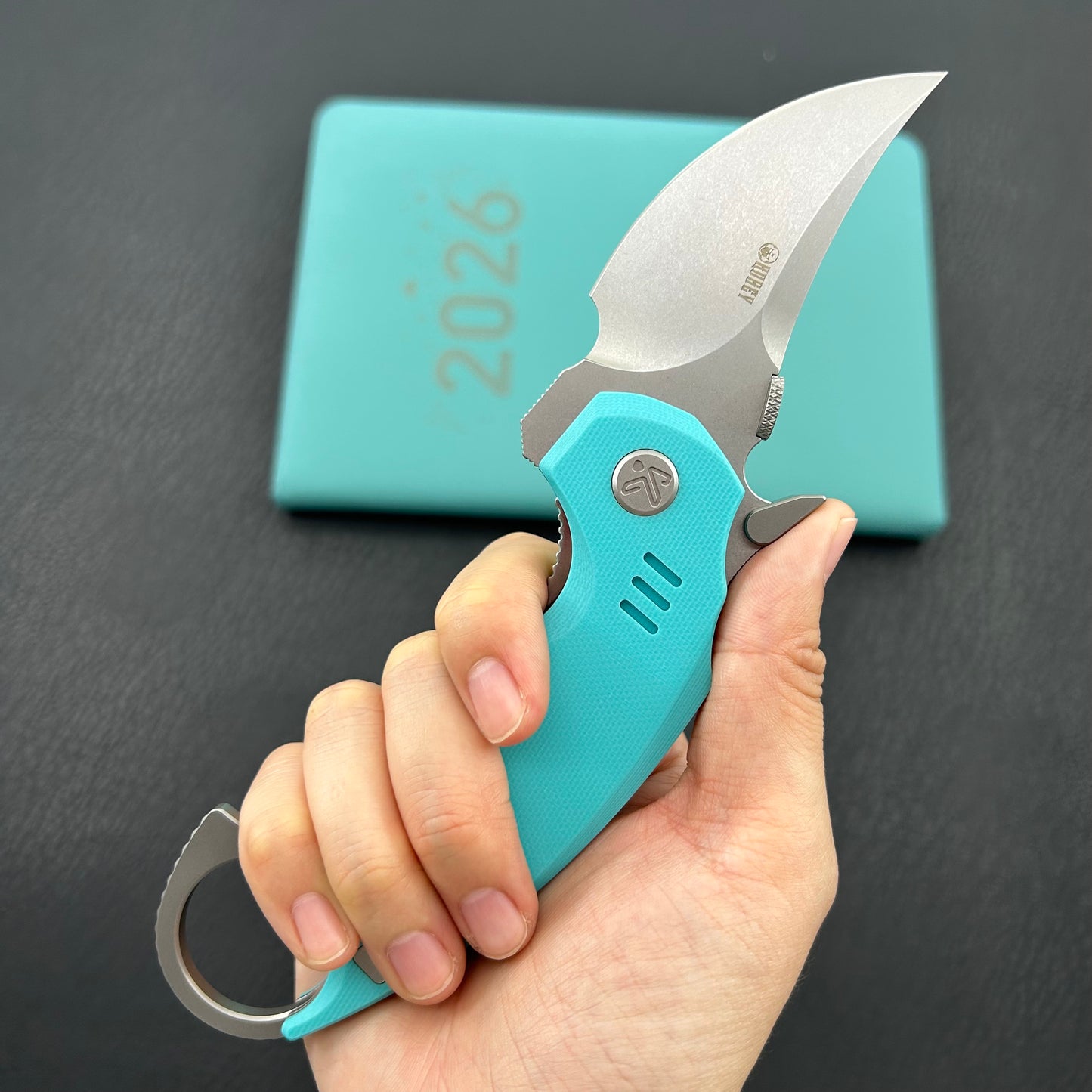 KUBEY knife KU440B Jaw  Pikal Folding Knife Tiffany Blue G-10 Handle 2.52" Beadblast 14C28N