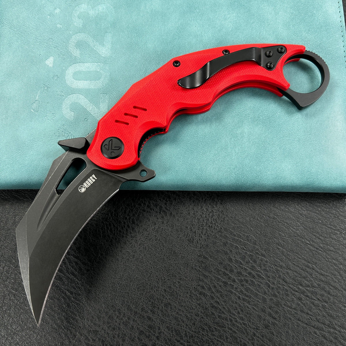 KUBEY KU261H Wrath Karambit Folding Knife  Red G-10 Handle 2.68" Blackwash 14C28N