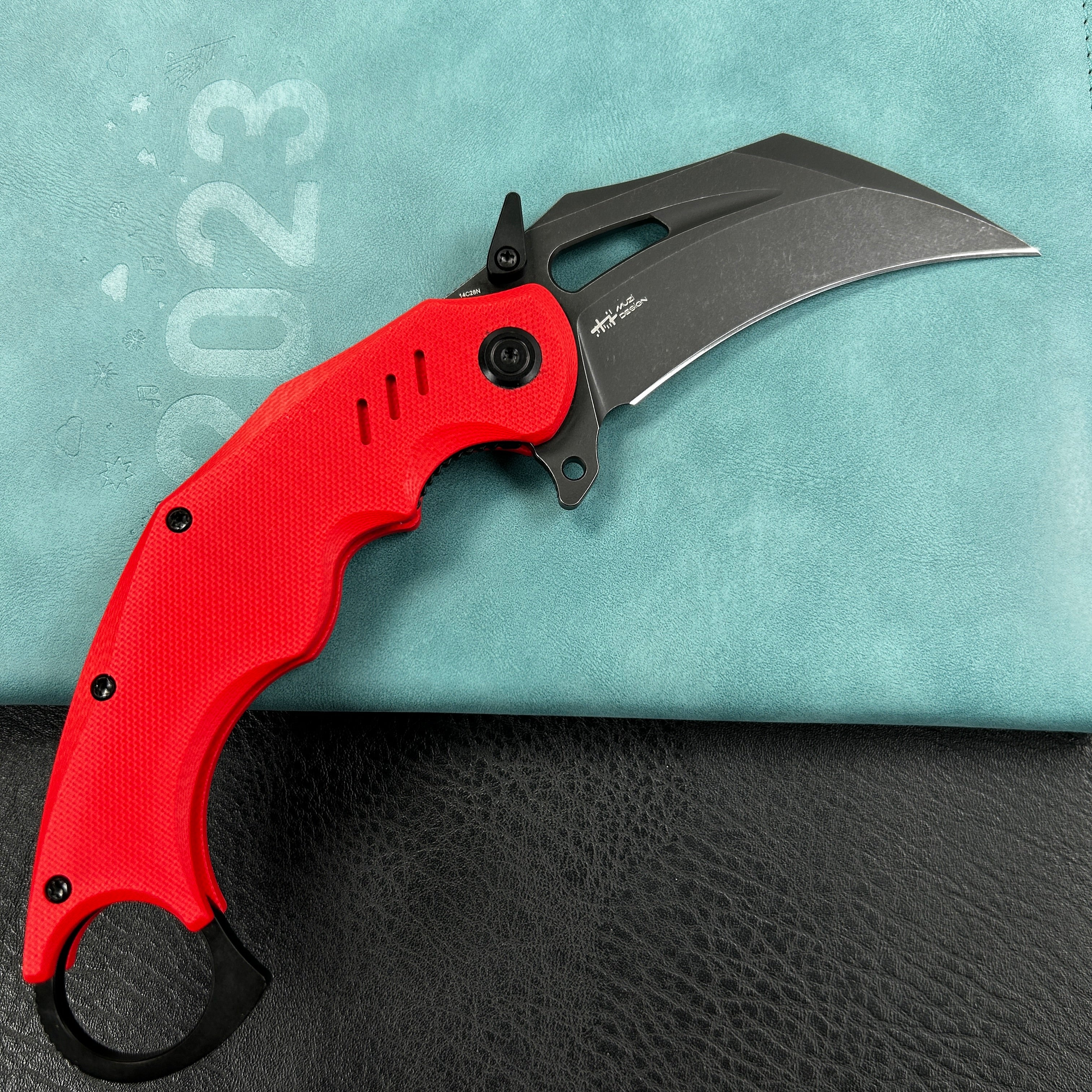 KUBEY KU261H Wrath Karambit Folding Knife  Red G-10 Handle 2.68" Blackwash 14C28N