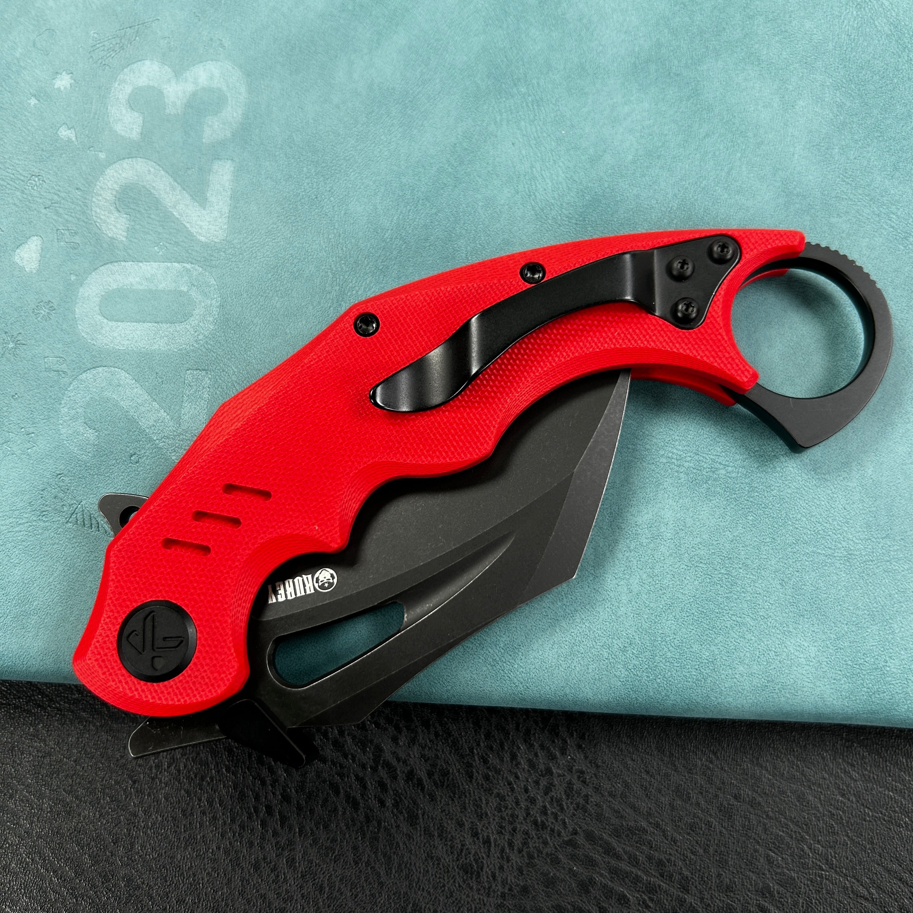 KUBEY KU261H Wrath Karambit Folding Knife  Red G-10 Handle 2.68" Blackwash 14C28N