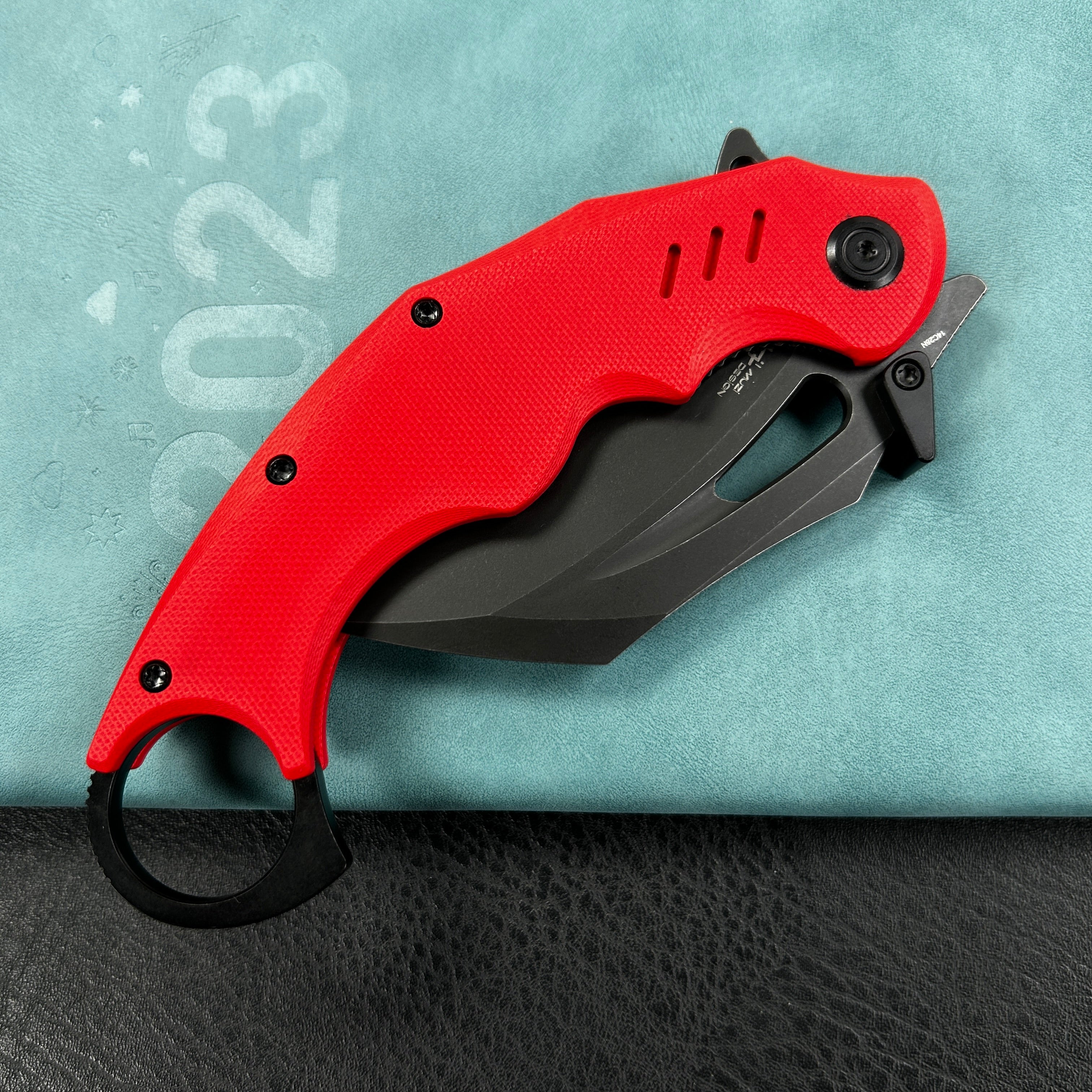 KUBEY KU261H Wrath Karambit Folding Knife  Red G-10 Handle 2.68" Blackwash 14C28N