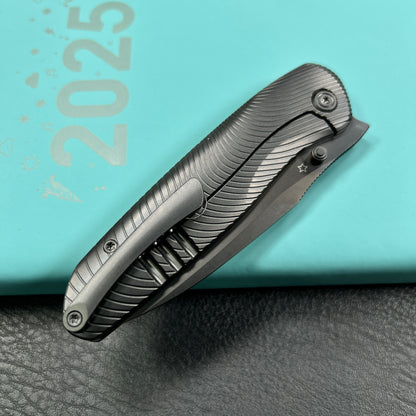 KB knives KB379C Pioneer Folding Knife Black DLC Titanium w/ Wave Milling Handle 3.35'' Black DLC 20CV Blade
