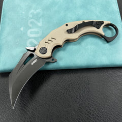 KUBEY KU261G Wrath Karambit Folding Knife Tan G-10 Handle 2.68" Blackwash 14C28N