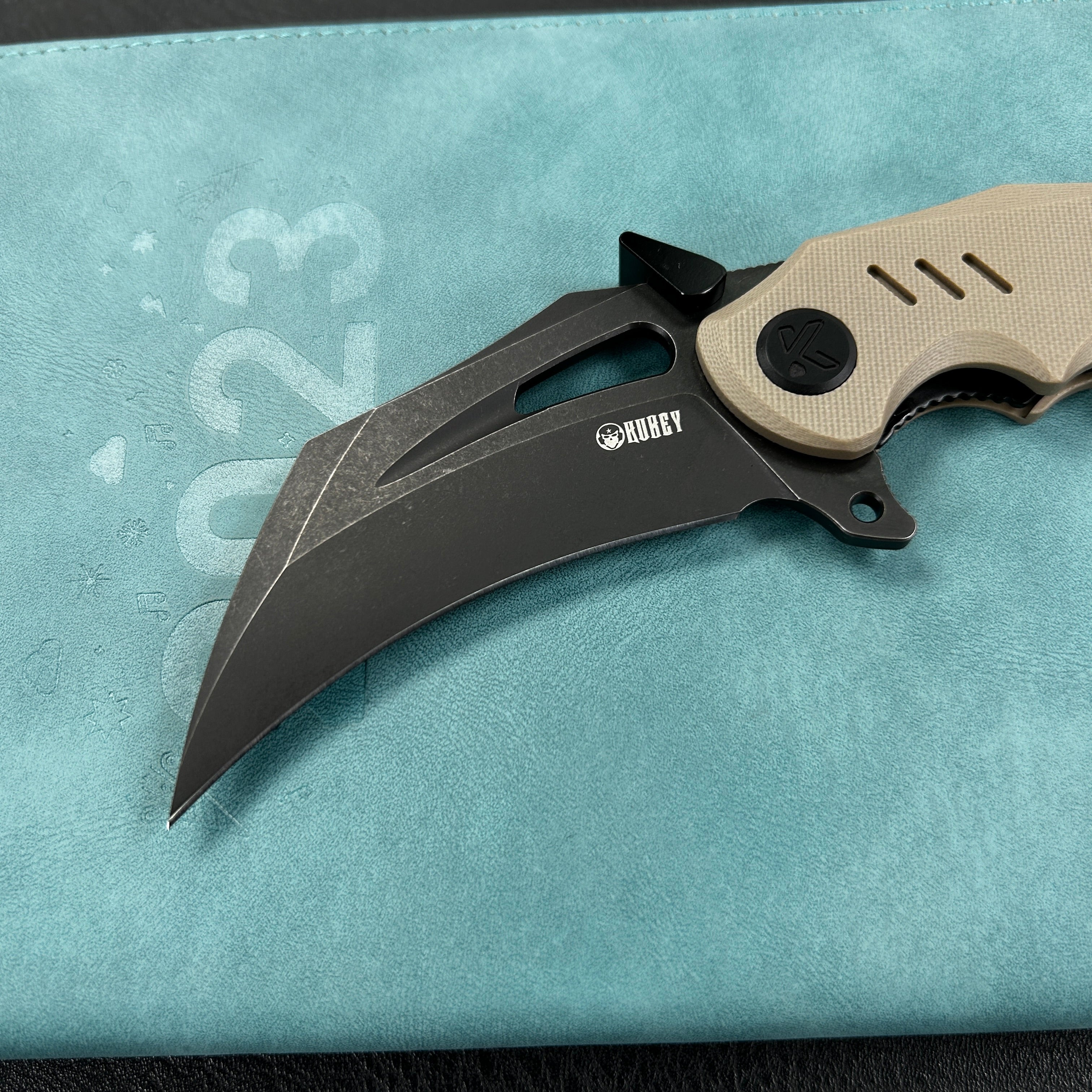 KUBEY KU261G Wrath Karambit Folding Knife Tan G-10 Handle 2.68" Blackwash 14C28N