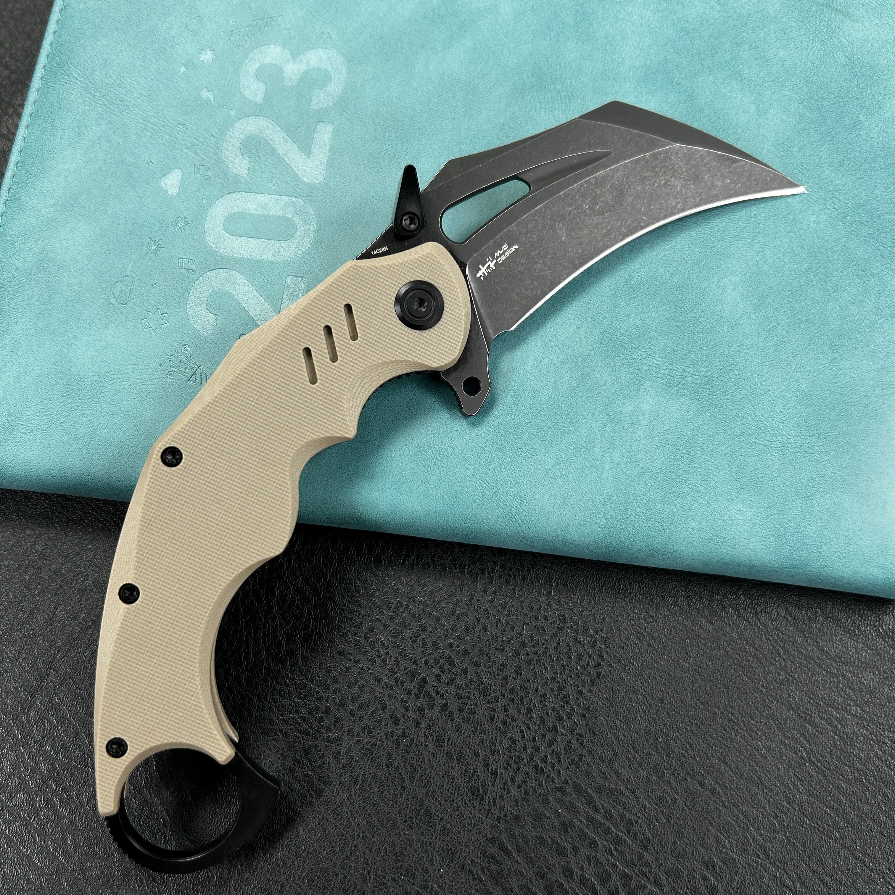 KUBEY KU261G Wrath Karambit Folding Knife Tan G-10 Handle 2.68" Blackwash 14C28N