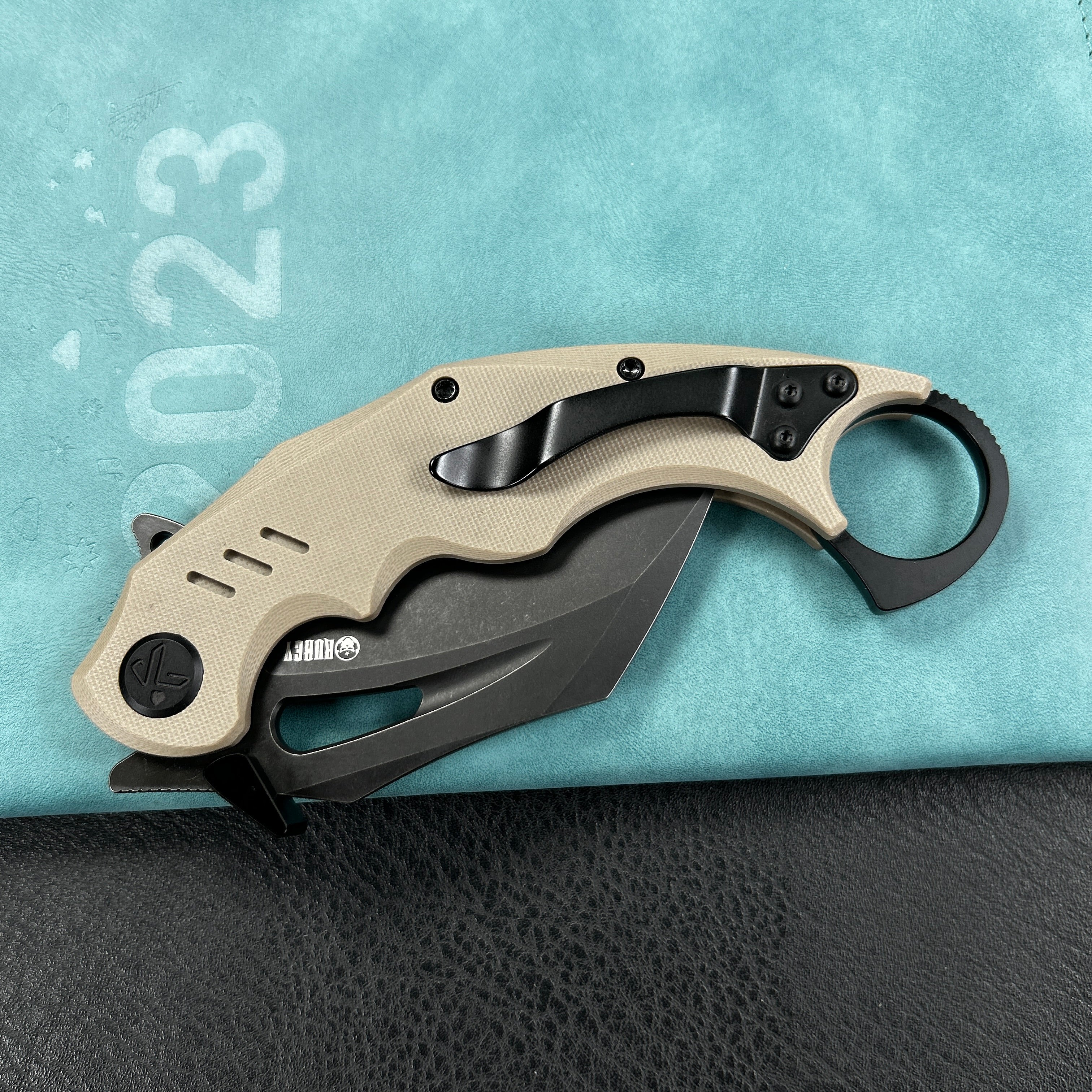 KUBEY KU261G Wrath Karambit Folding Knife Tan G-10 Handle 2.68" Blackwash 14C28N