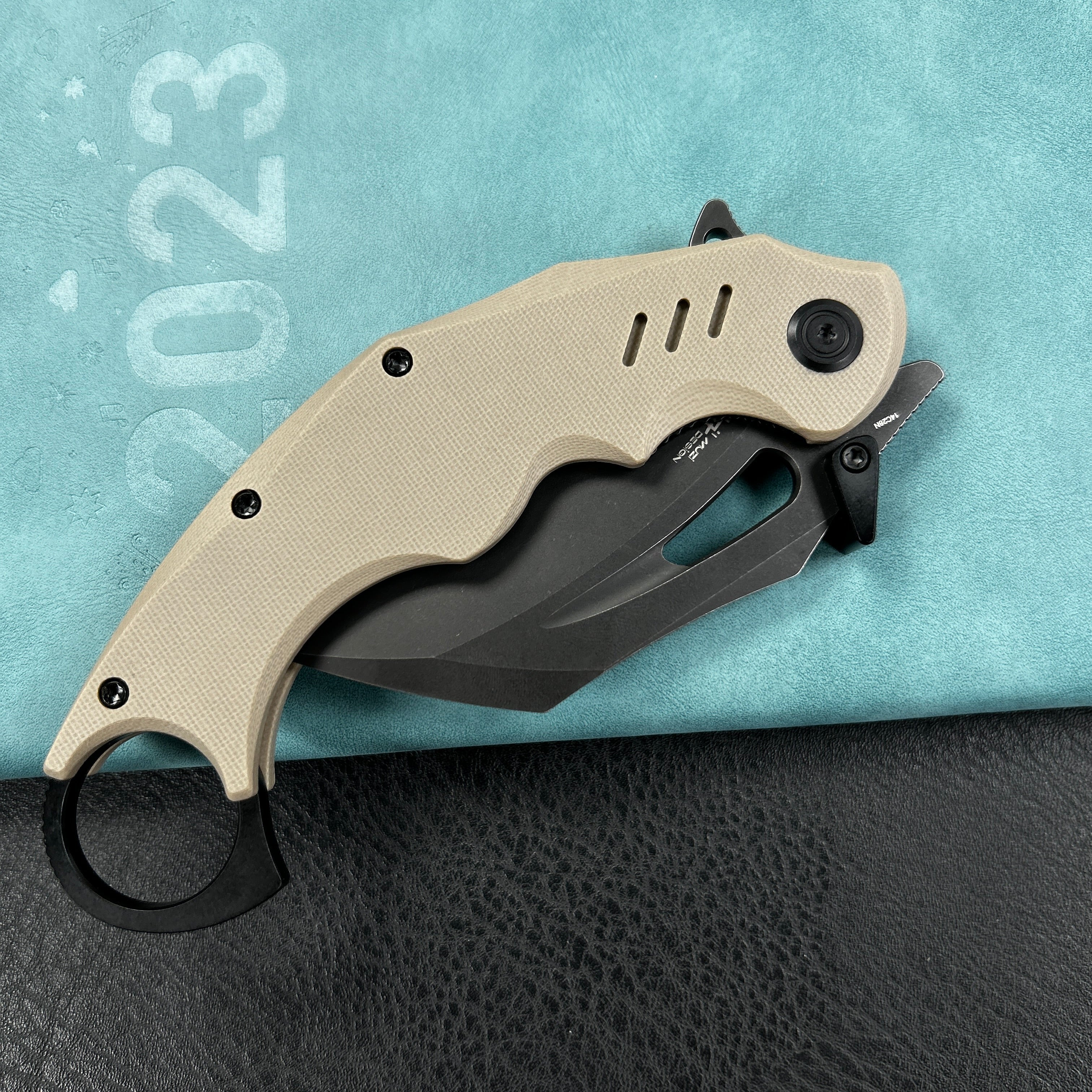 KUBEY KU261G Wrath Karambit Folding Knife Tan G-10 Handle 2.68" Blackwash 14C28N