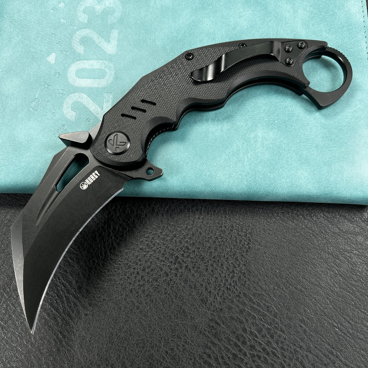 KUBEY KU261E Wrath Karambit Folding Knife Black G-10 Handle 2.68" Blackwash 14C28N