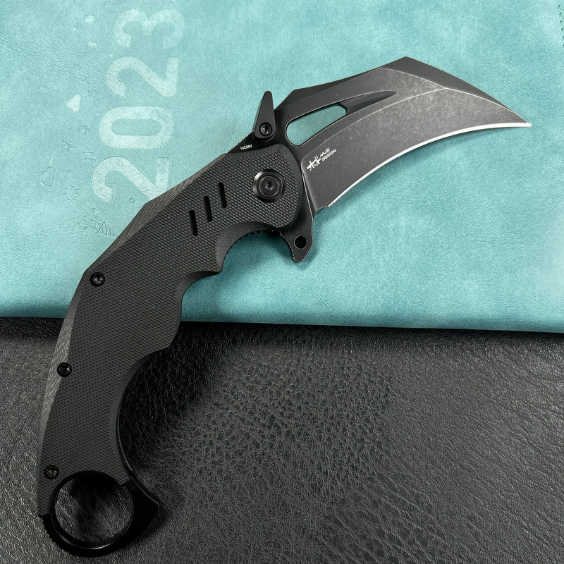 KUBEY KU261E Wrath Karambit Folding Knife Black G-10 Handle 2.68" Blackwash 14C28N