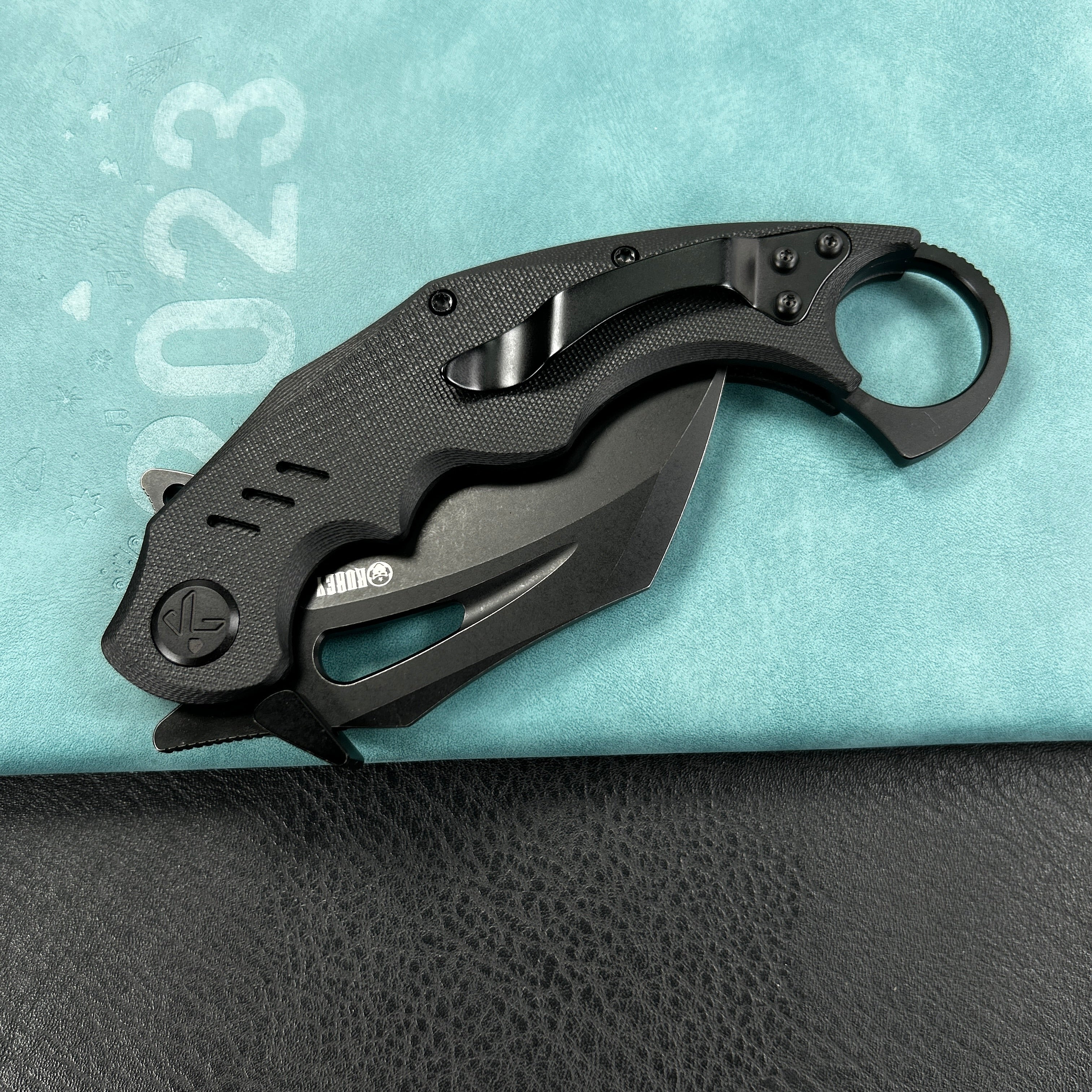 KUBEY KU261E Wrath Karambit Folding Knife Black G-10 Handle 2.68" Blackwash 14C28N