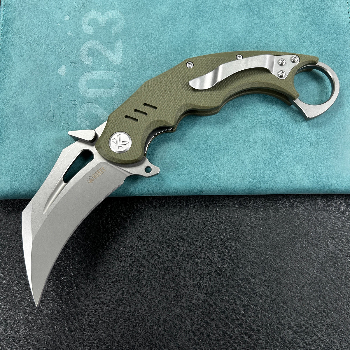 KUBEY  KU261B Wrath Karambit Folding Knife Green G-10 Handle 2.68" Beadblast 14C28N Blade