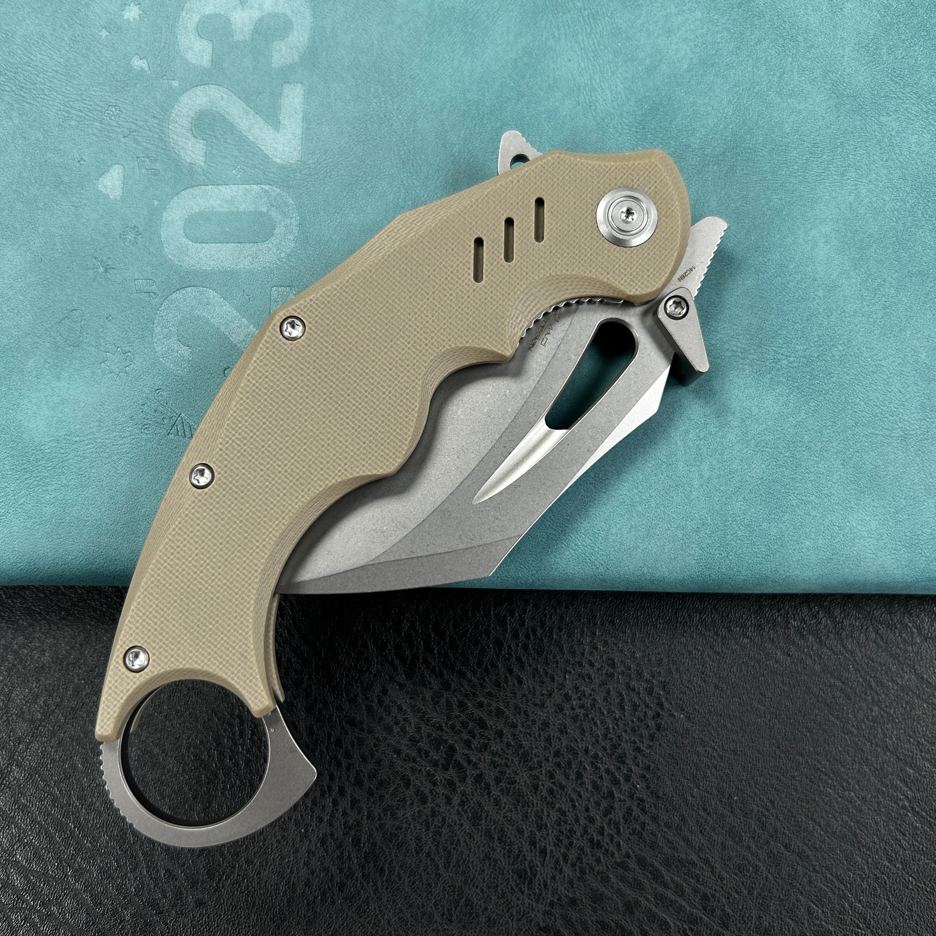 KUBEY KU261C Wrath Karambit Folding Knife Tan G-10 Handle 2.68" Beadblast 14C28N Blade