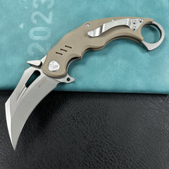 KUBEY KU261C Wrath Karambit Folding Knife Tan G-10 Handle 2.68" Beadblast 14C28N Blade