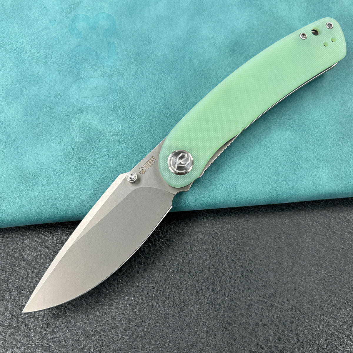 KUBEY KU344  Momentum Sherif Manganas Design Liner Lock Front Flipper / Dual Studs Open Folding Knife Jade  G10 Handle 3.43" Bead Blasted  AUS-10