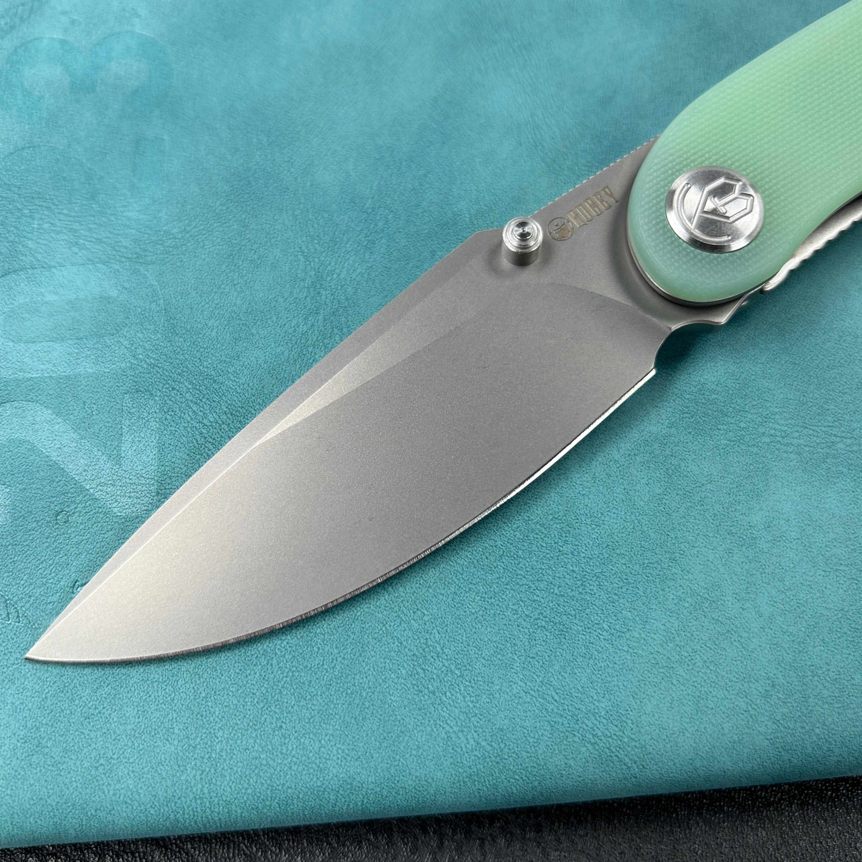 KUBEY KU344  Momentum Sherif Manganas Design Liner Lock Front Flipper / Dual Studs Open Folding Knife Jade  G10 Handle 3.43" Bead Blasted  AUS-10