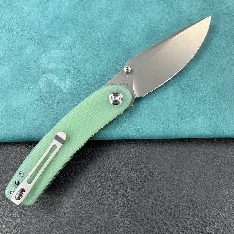 KUBEY KU344  Momentum Sherif Manganas Design Liner Lock Front Flipper / Dual Studs Open Folding Knife Jade  G10 Handle 3.43" Bead Blasted  AUS-10