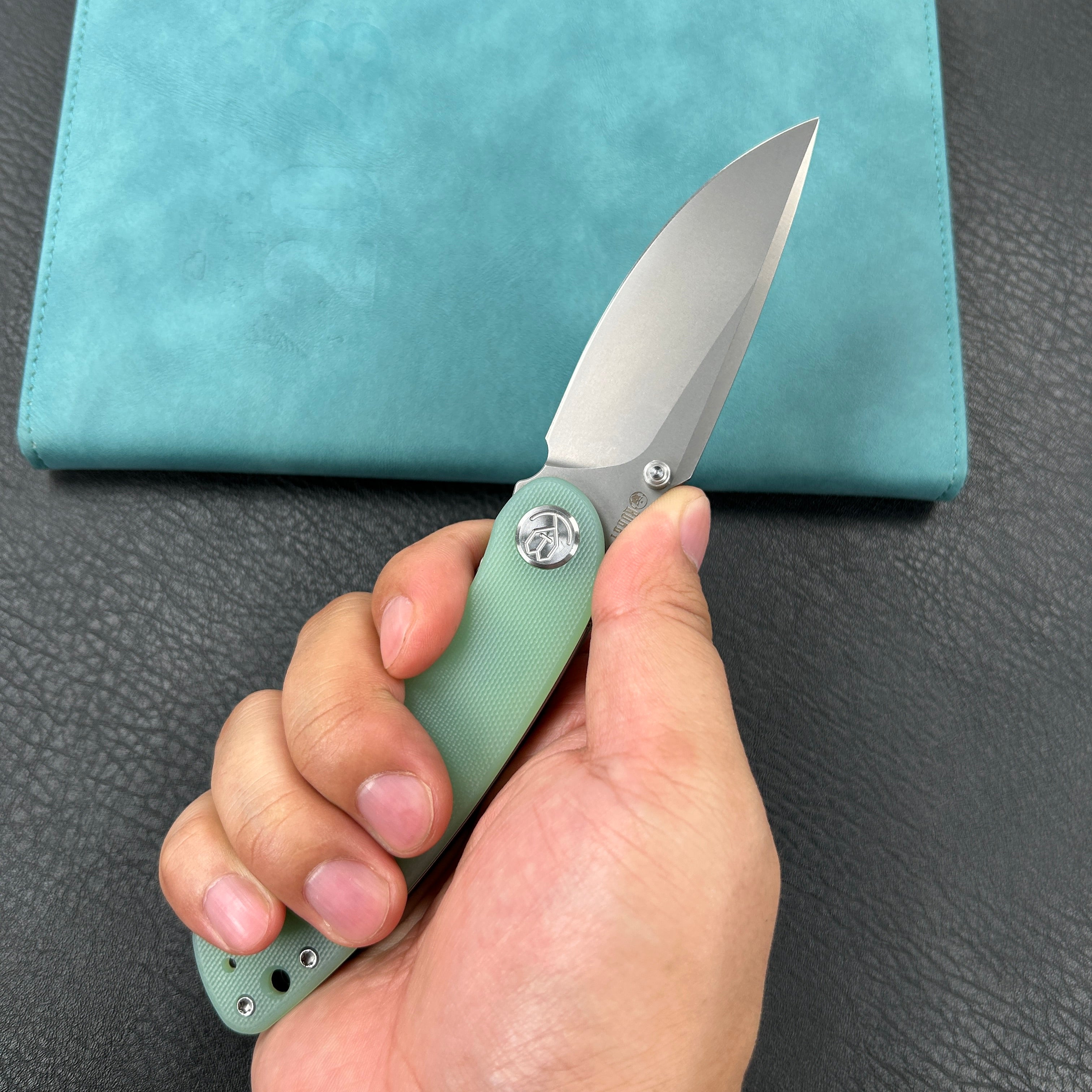 KUBEY KU344  Momentum Sherif Manganas Design Liner Lock Front Flipper / Dual Studs Open Folding Knife Jade  G10 Handle 3.43" Bead Blasted  AUS-10