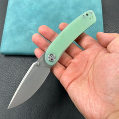 KUBEY KU344  Momentum Sherif Manganas Design Liner Lock Front Flipper / Dual Studs Open Folding Knife Jade  G10 Handle 3.43" Bead Blasted  AUS-10