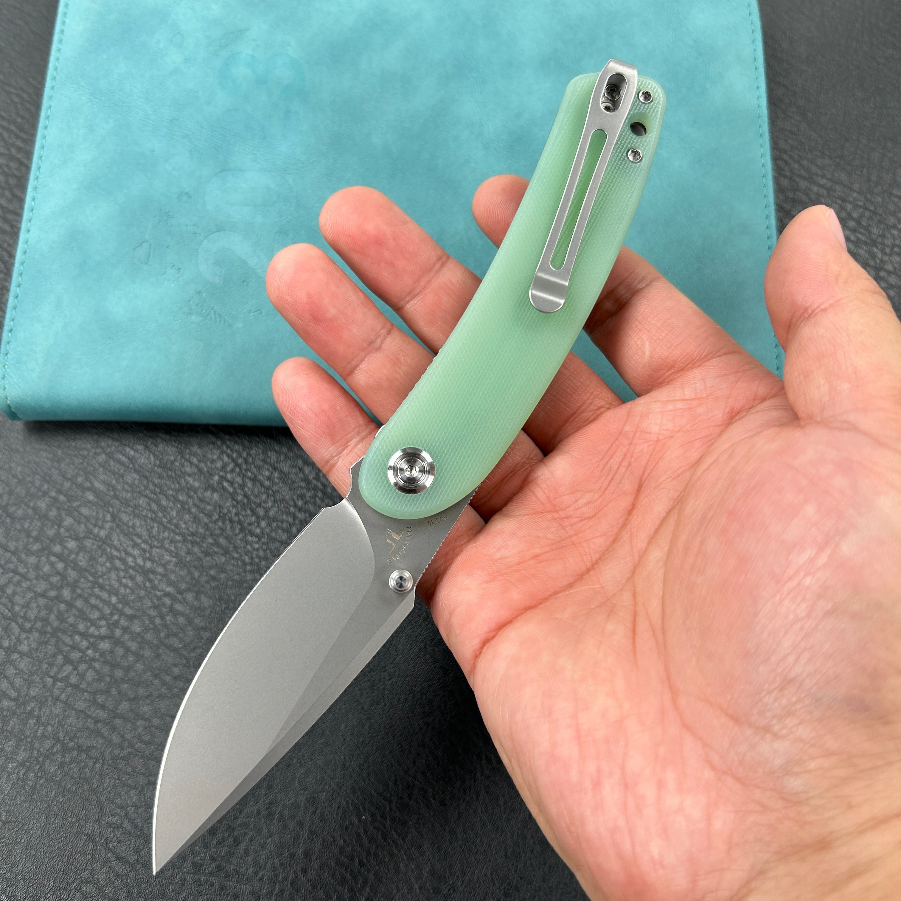 KUBEY KU344  Momentum Sherif Manganas Design Liner Lock Front Flipper / Dual Studs Open Folding Knife Jade  G10 Handle 3.43" Bead Blasted  AUS-10