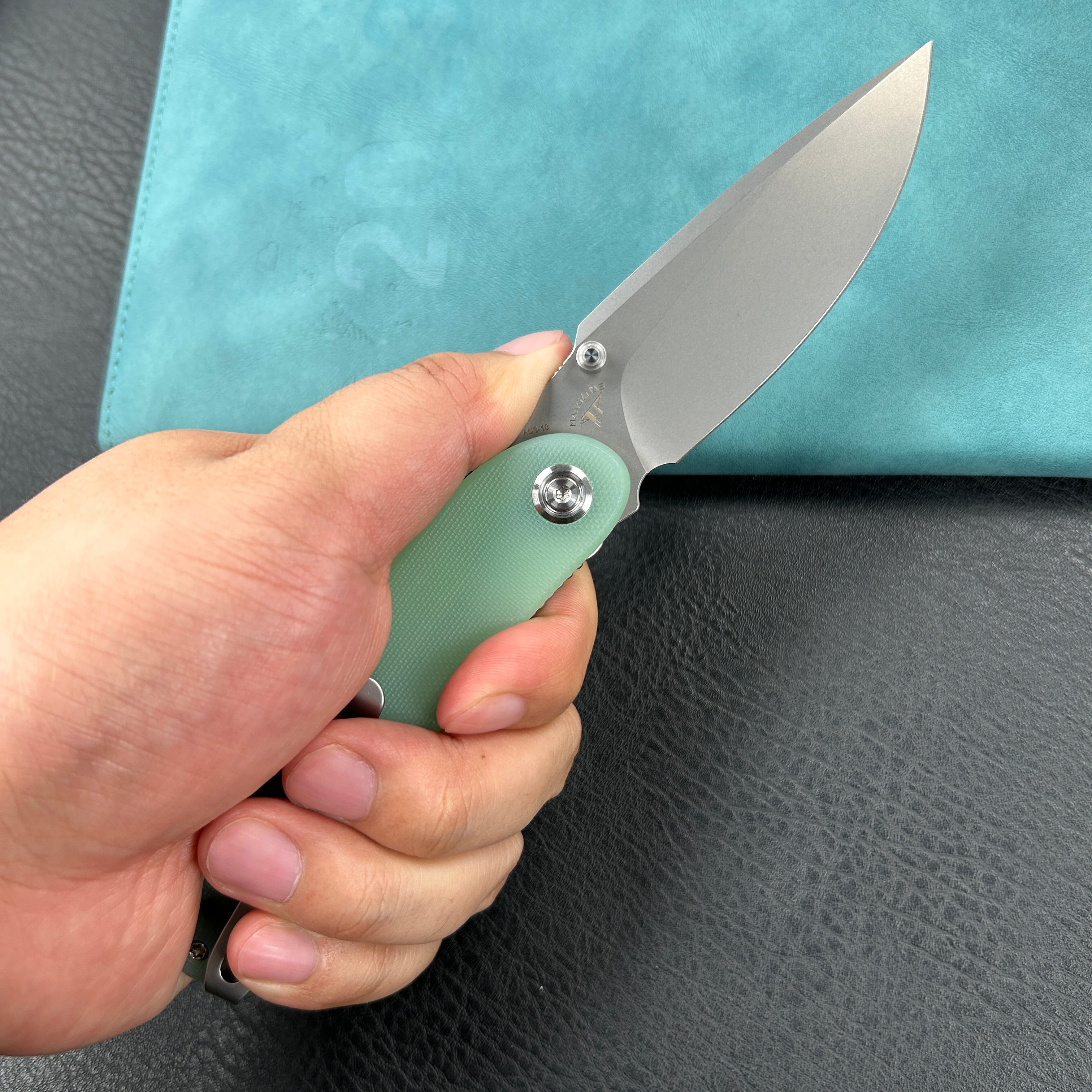 KUBEY KU344  Momentum Sherif Manganas Design Liner Lock Front Flipper / Dual Studs Open Folding Knife Jade  G10 Handle 3.43" Bead Blasted  AUS-10