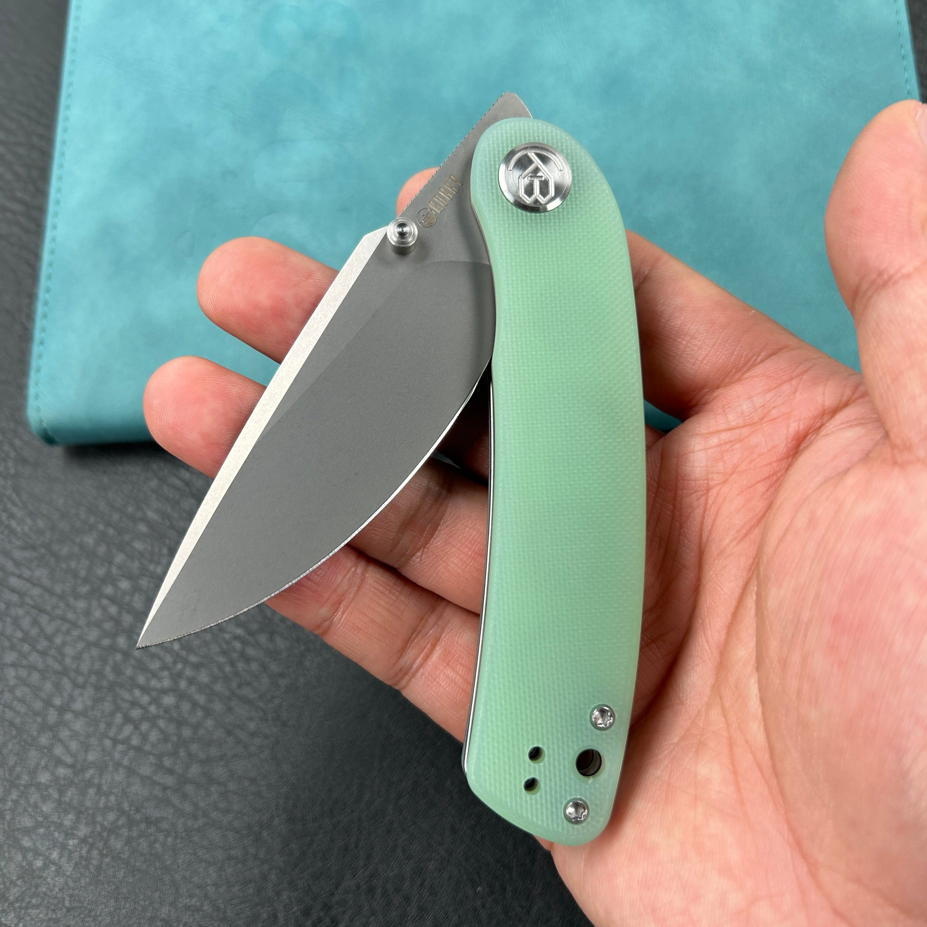 KUBEY KU344  Momentum Sherif Manganas Design Liner Lock Front Flipper / Dual Studs Open Folding Knife Jade  G10 Handle 3.43" Bead Blasted  AUS-10