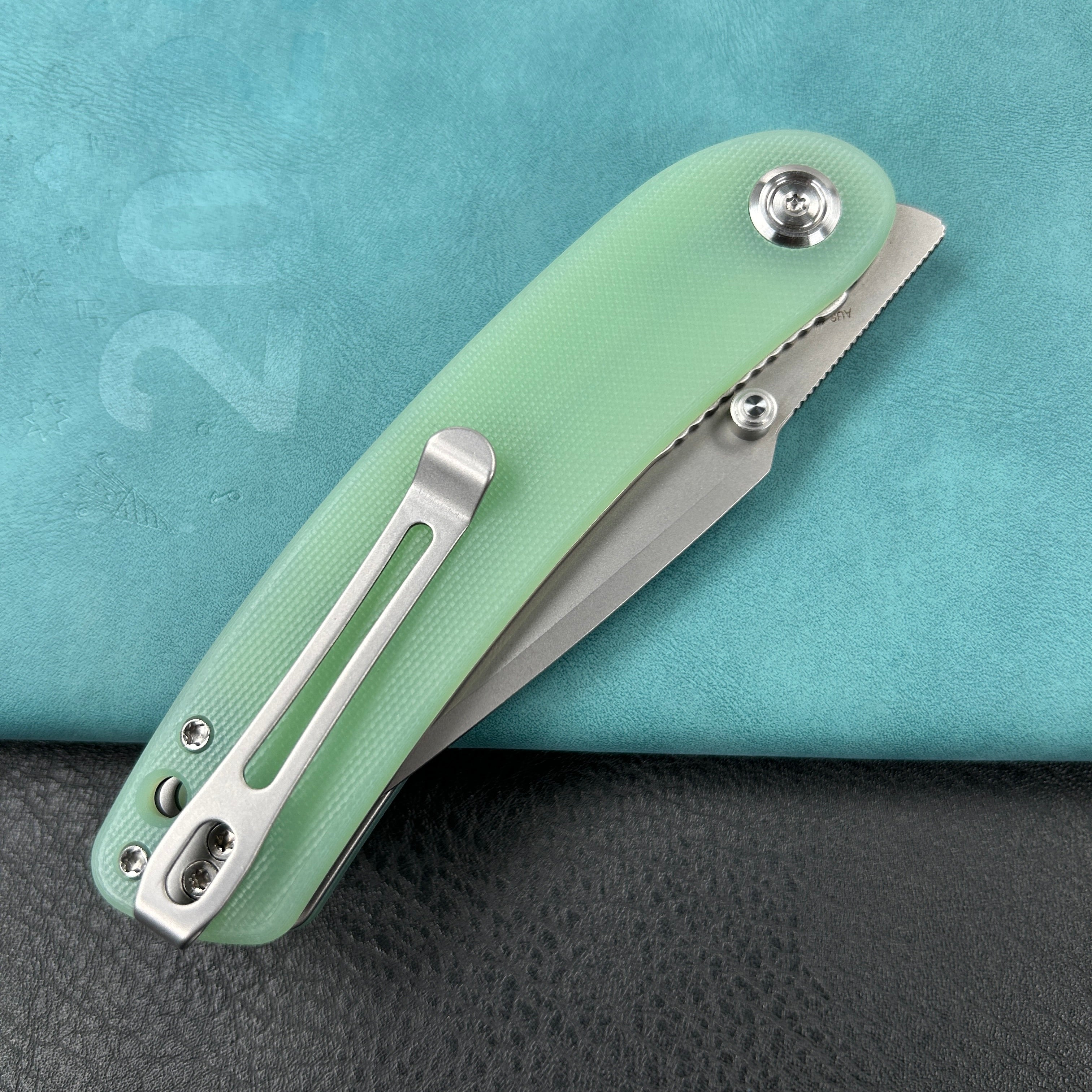 KUBEY KU344  Momentum Sherif Manganas Design Liner Lock Front Flipper / Dual Studs Open Folding Knife Jade  G10 Handle 3.43" Bead Blasted  AUS-10