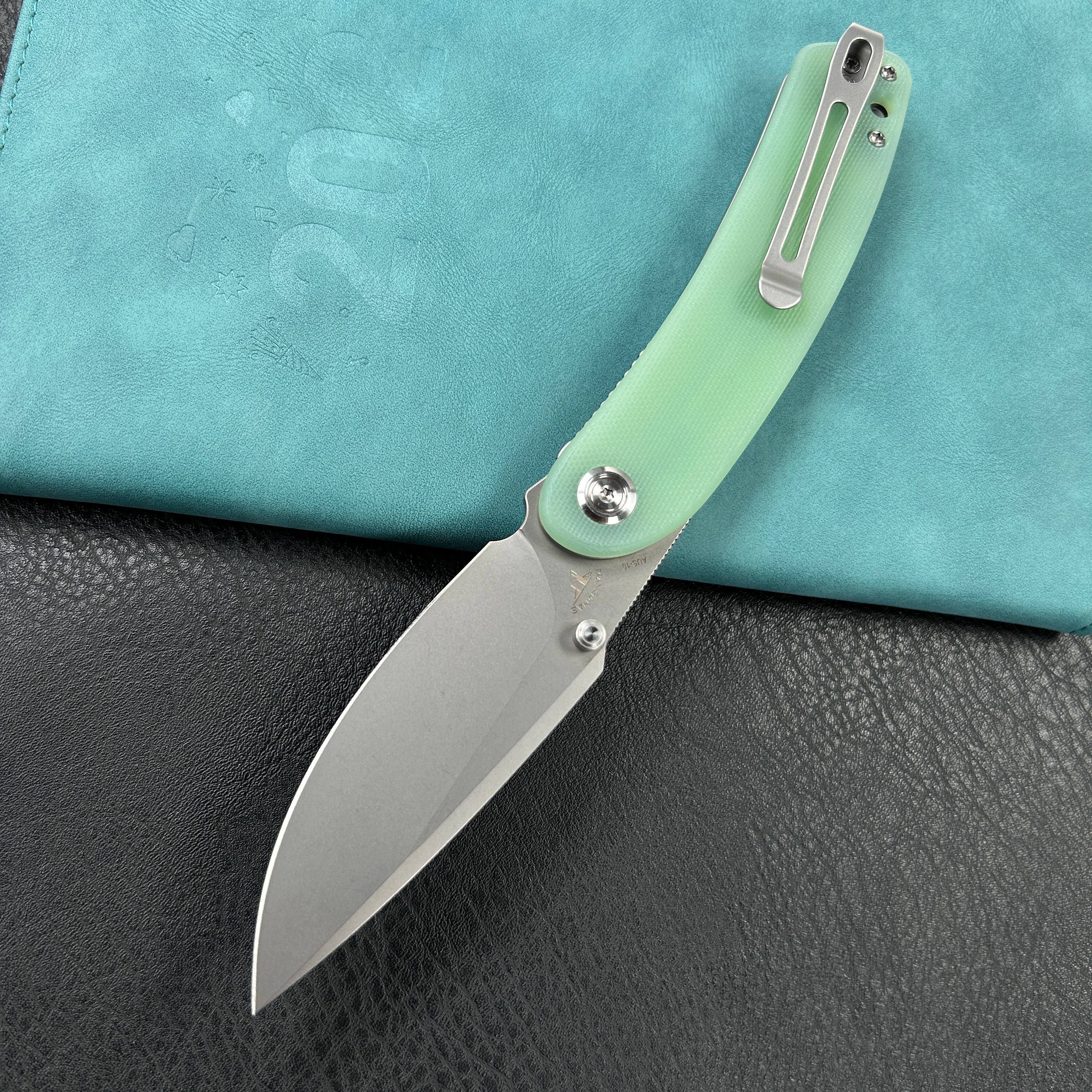 KUBEY KU344  Momentum Sherif Manganas Design Liner Lock Front Flipper / Dual Studs Open Folding Knife Jade  G10 Handle 3.43" Bead Blasted  AUS-10