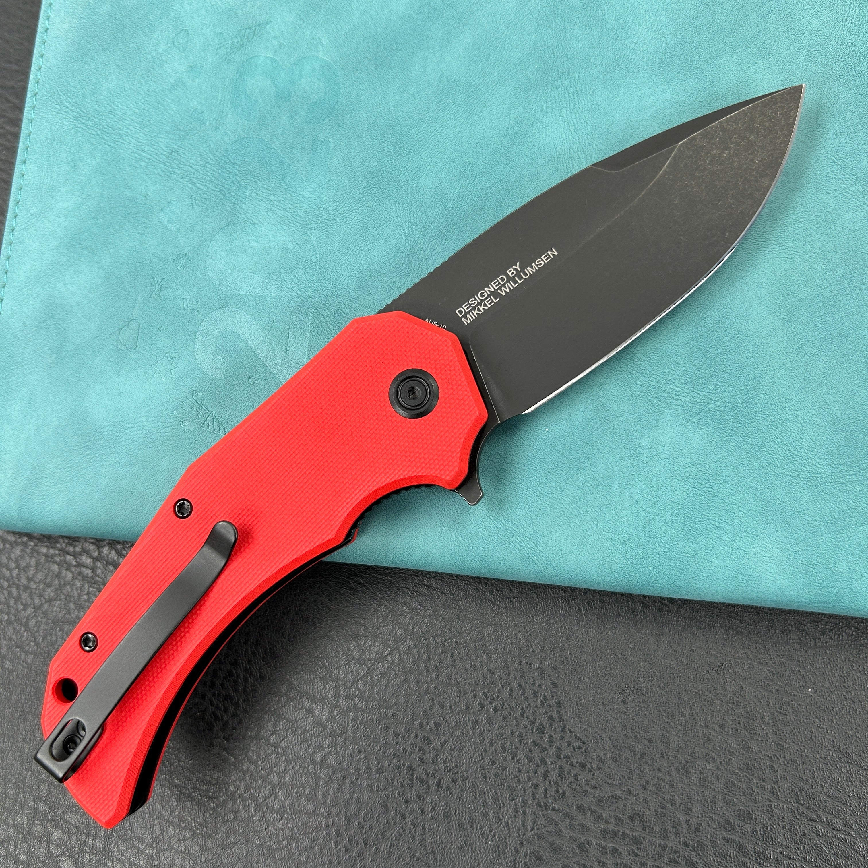 KUBEY KU319  Mikkel Willumsen Design Bravo one Drop Point Outdoor Folding Camping Knife Red  G10 Handle 3.39" Blackwash AUS-10