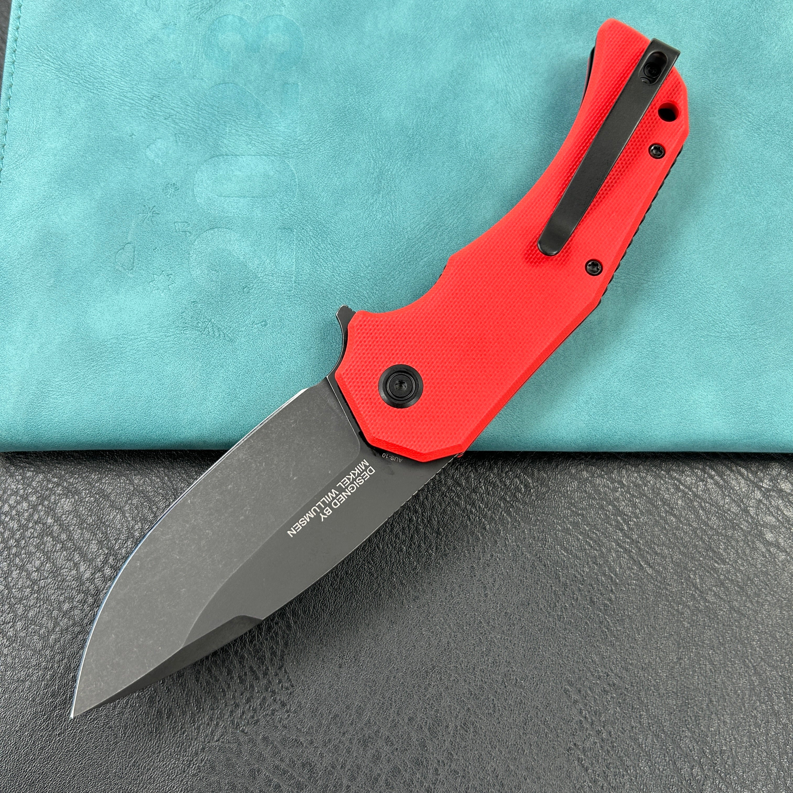 KUBEY KU319  Mikkel Willumsen Design Bravo one Drop Point Outdoor Folding Camping Knife Red  G10 Handle 3.39" Blackwash AUS-10