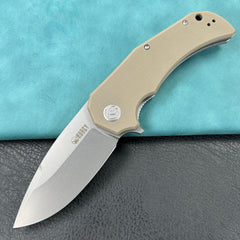 KUBEY KU319 Mikkel Willumsen Design Bravo one Drop Point Outdoor Folding Camping Knife Tan G10 Handle 3.39" Bead Blasted AUS-10