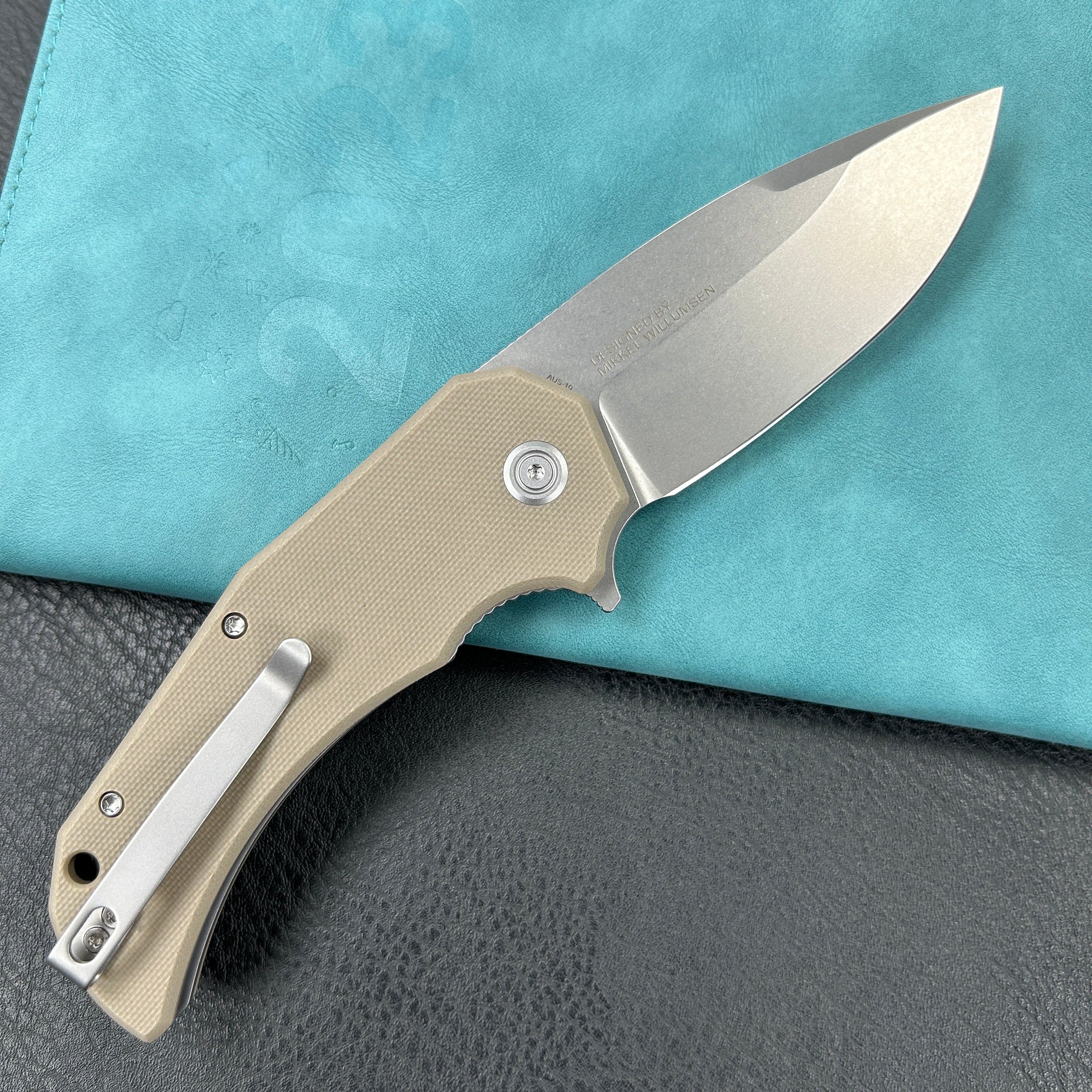 KUBEY KU319 Mikkel Willumsen Design Bravo one Drop Point Outdoor Folding Camping Knife Tan G10 Handle 3.39" Bead Blasted AUS-10