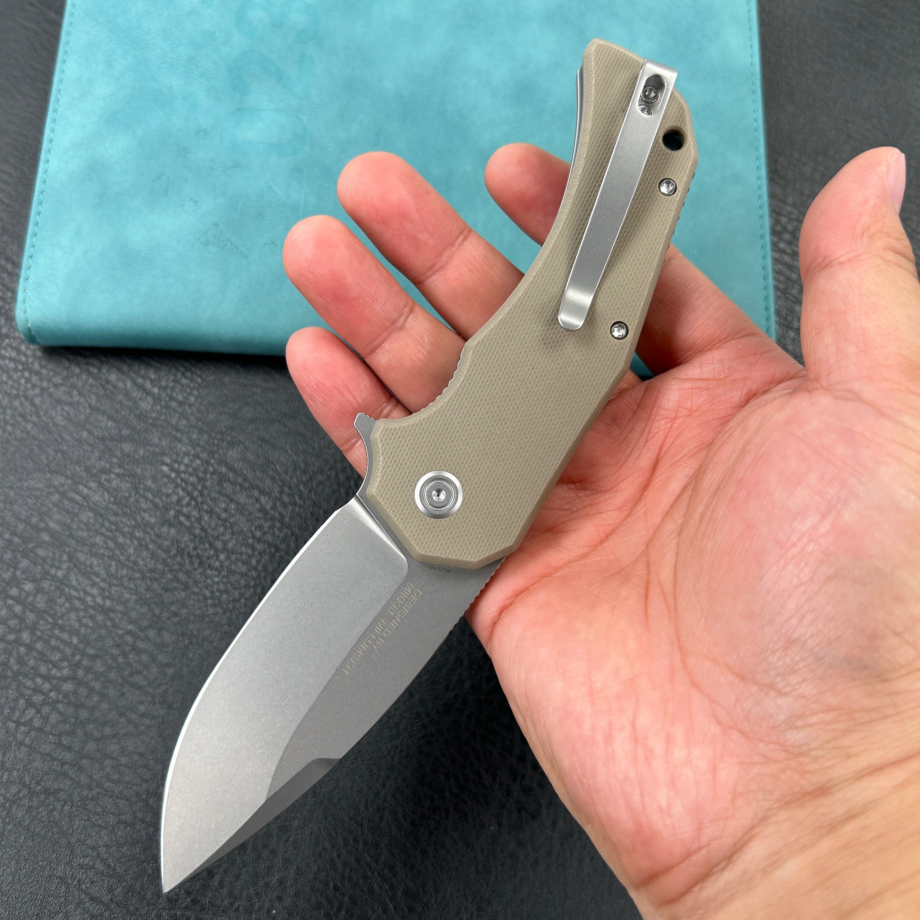 KUBEY KU319 Mikkel Willumsen Design Bravo one Drop Point Outdoor Folding Camping Knife Tan G10 Handle 3.39" Bead Blasted AUS-10