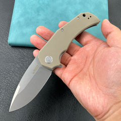 KUBEY KU319 Mikkel Willumsen Design Bravo one Drop Point Outdoor Folding Camping Knife Tan G10 Handle 3.39" Bead Blasted AUS-10