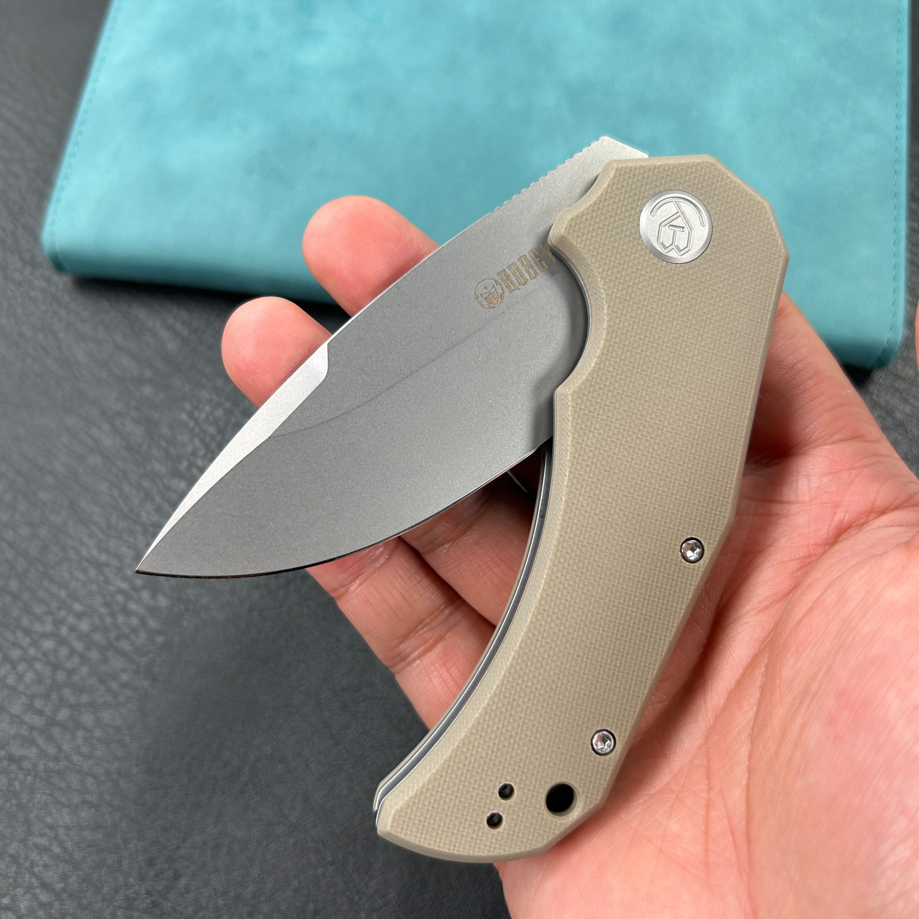 KUBEY KU319 Mikkel Willumsen Design Bravo one Drop Point Outdoor Folding Camping Knife Tan G10 Handle 3.39" Bead Blasted AUS-10