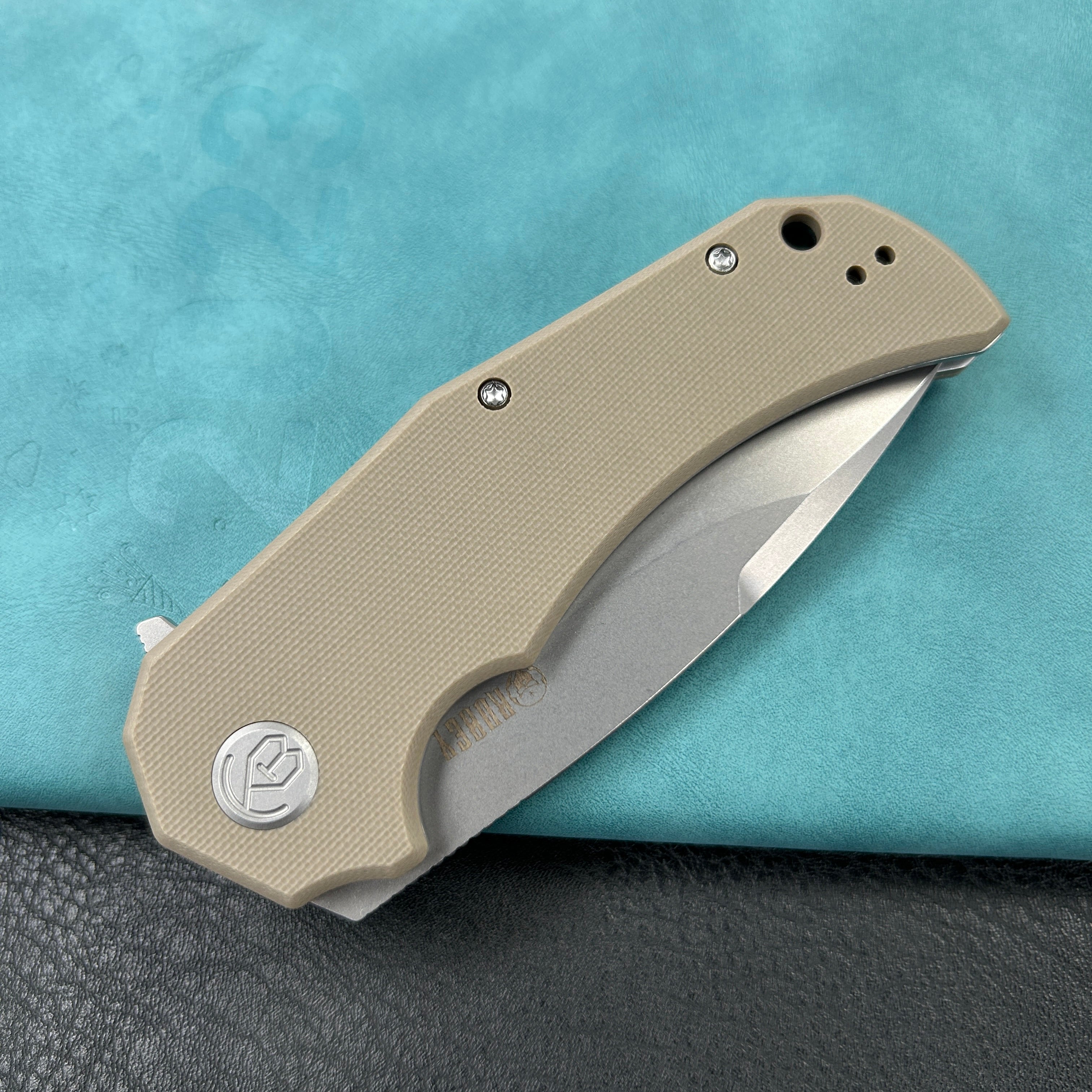 KUBEY KU319 Mikkel Willumsen Design Bravo one Drop Point Outdoor Folding Camping Knife Tan G10 Handle 3.39" Bead Blasted AUS-10