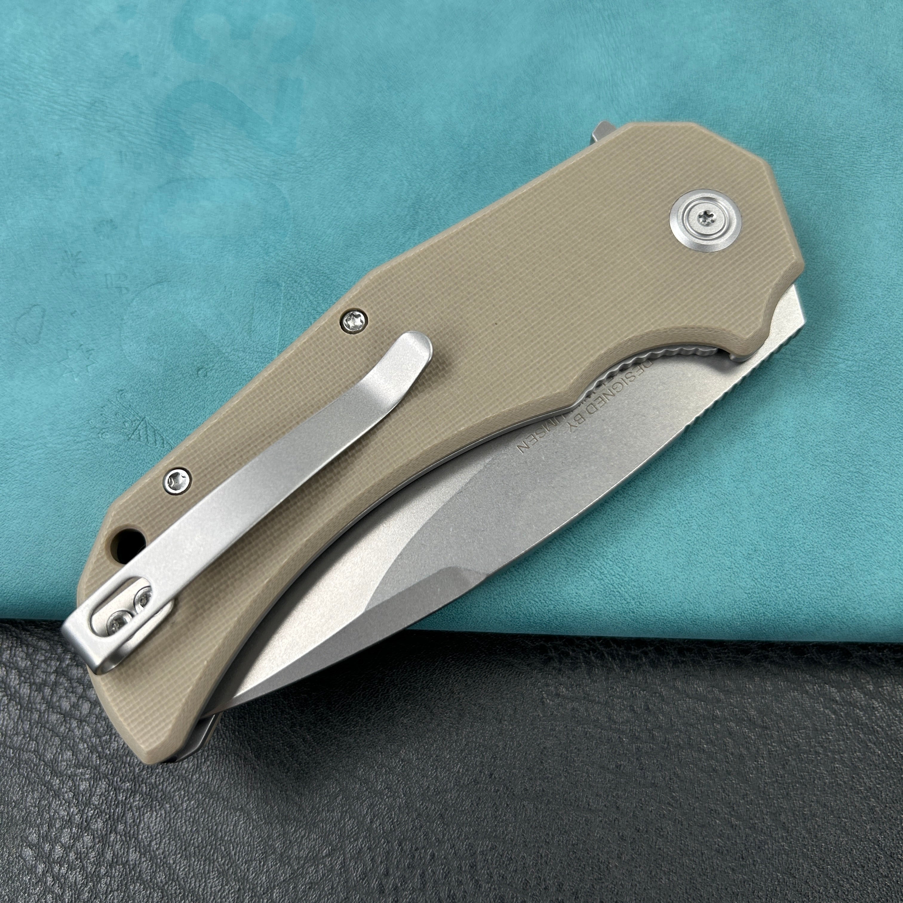 KUBEY KU319 Mikkel Willumsen Design Bravo one Drop Point Outdoor Folding Camping Knife Tan G10 Handle 3.39" Bead Blasted AUS-10