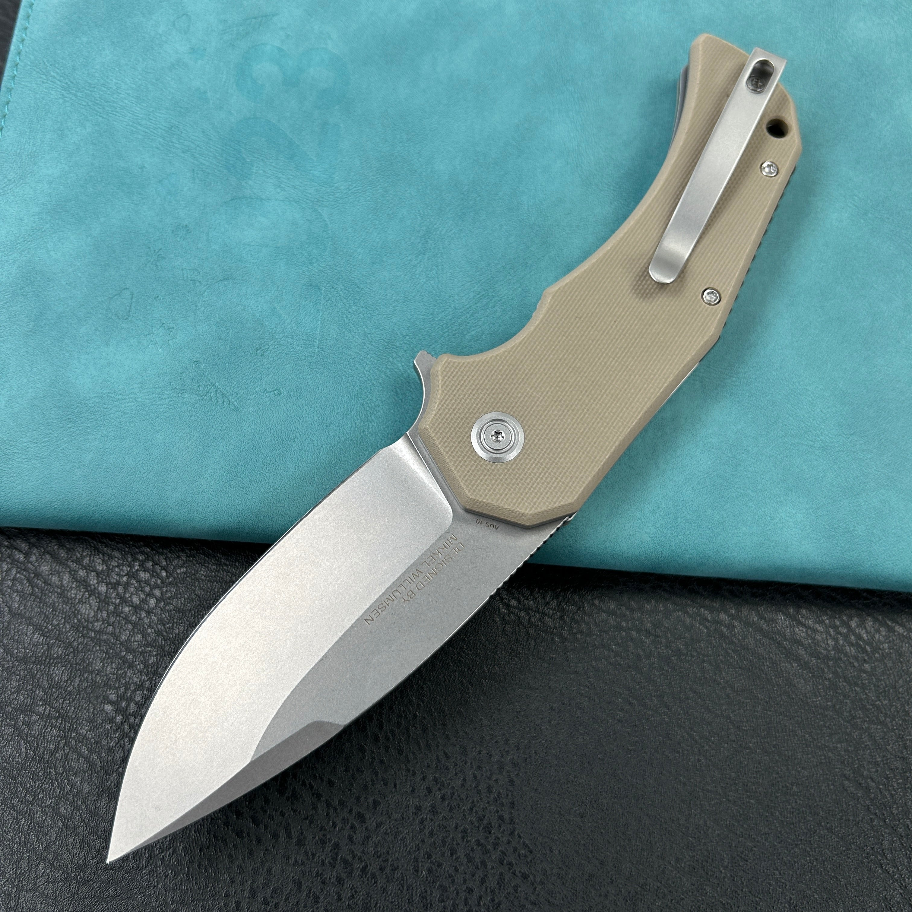 KUBEY KU319 Mikkel Willumsen Design Bravo one Drop Point Outdoor Folding Camping Knife Tan G10 Handle 3.39" Bead Blasted AUS-10