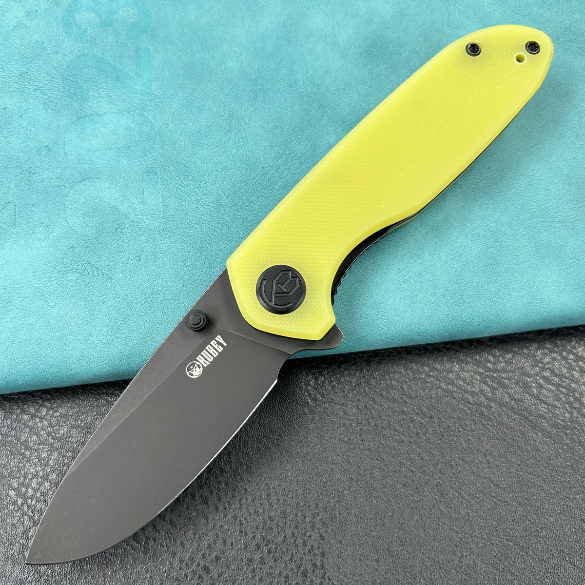 KUBEY KU342G Belus Thumb Stud Everyday Carry Pocket Knife YellowG10 Handle 2.95" Blackwashed AUS-10 Blade