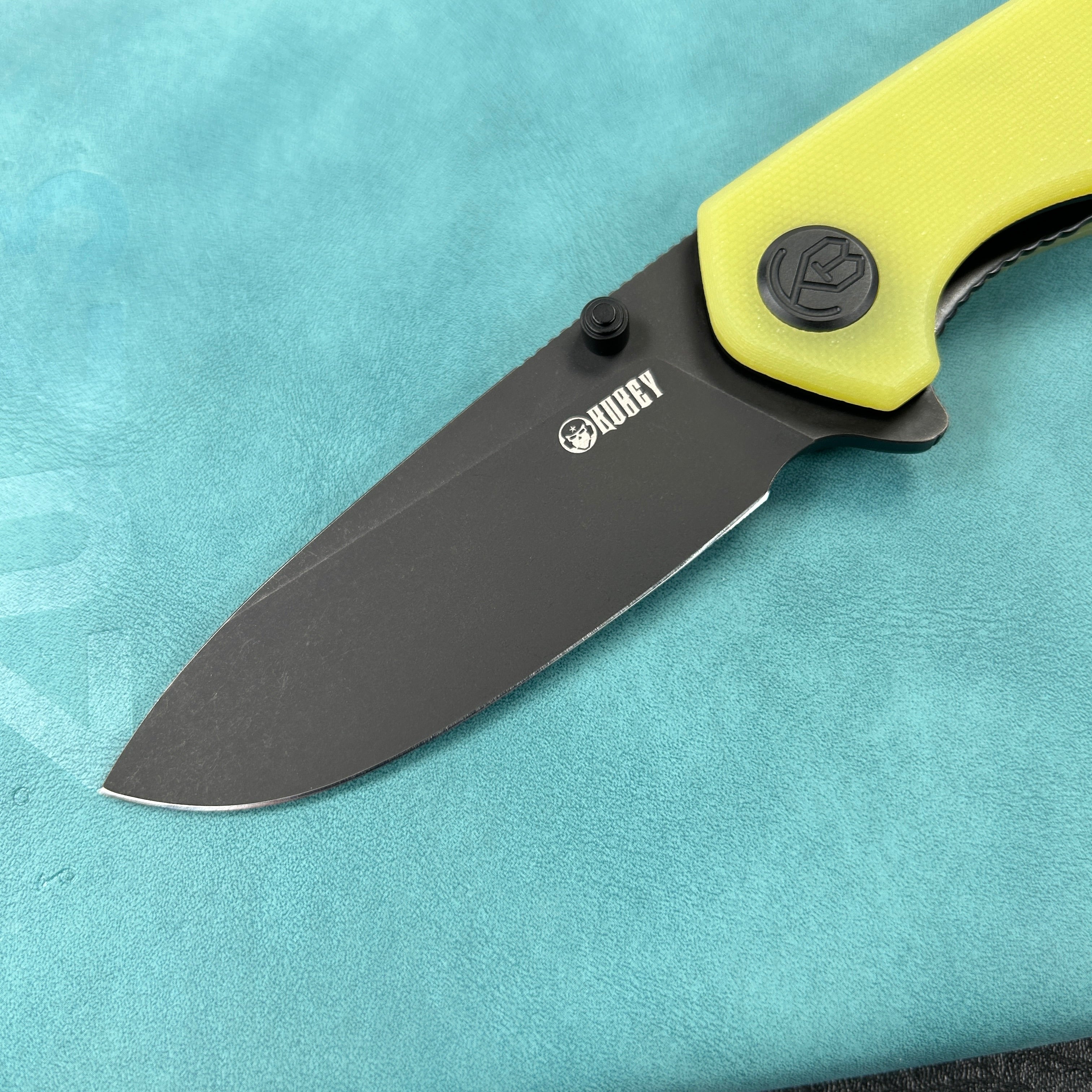 KUBEY KU342G Belus Thumb Stud Everyday Carry Pocket Knife YellowG10 Handle 2.95" Blackwashed AUS-10 Blade