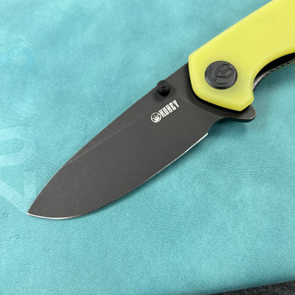 KUBEY KU342G Belus Thumb Stud Everyday Carry Pocket Knife YellowG10 Handle 2.95" Blackwashed AUS-10 Blade