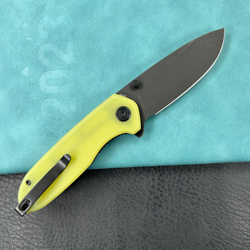 KUBEY KU342G Belus Thumb Stud Everyday Carry Pocket Knife YellowG10 Handle 2.95" Blackwashed AUS-10 Blade