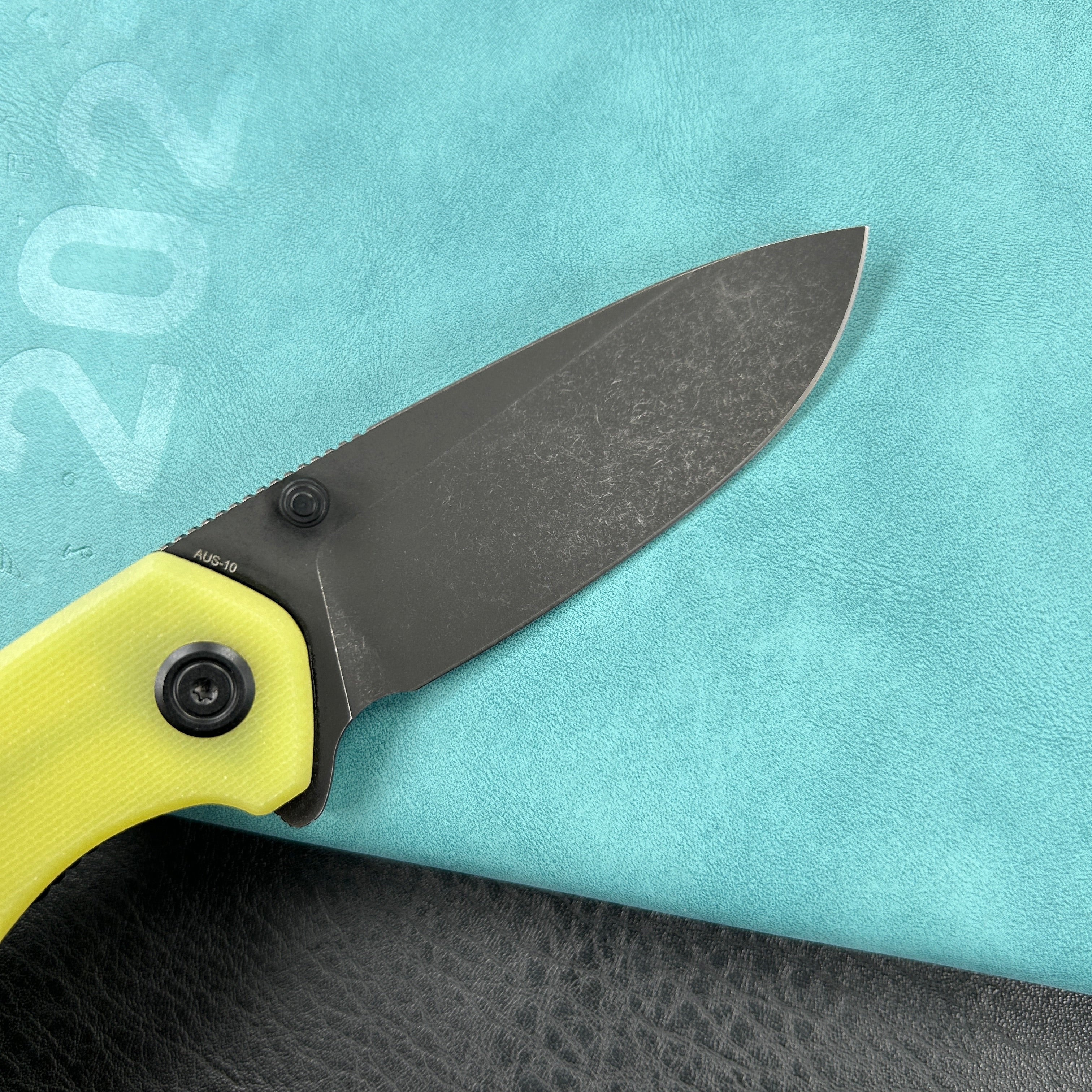 KUBEY KU342G Belus Thumb Stud Everyday Carry Pocket Knife YellowG10 Handle 2.95" Blackwashed AUS-10 Blade