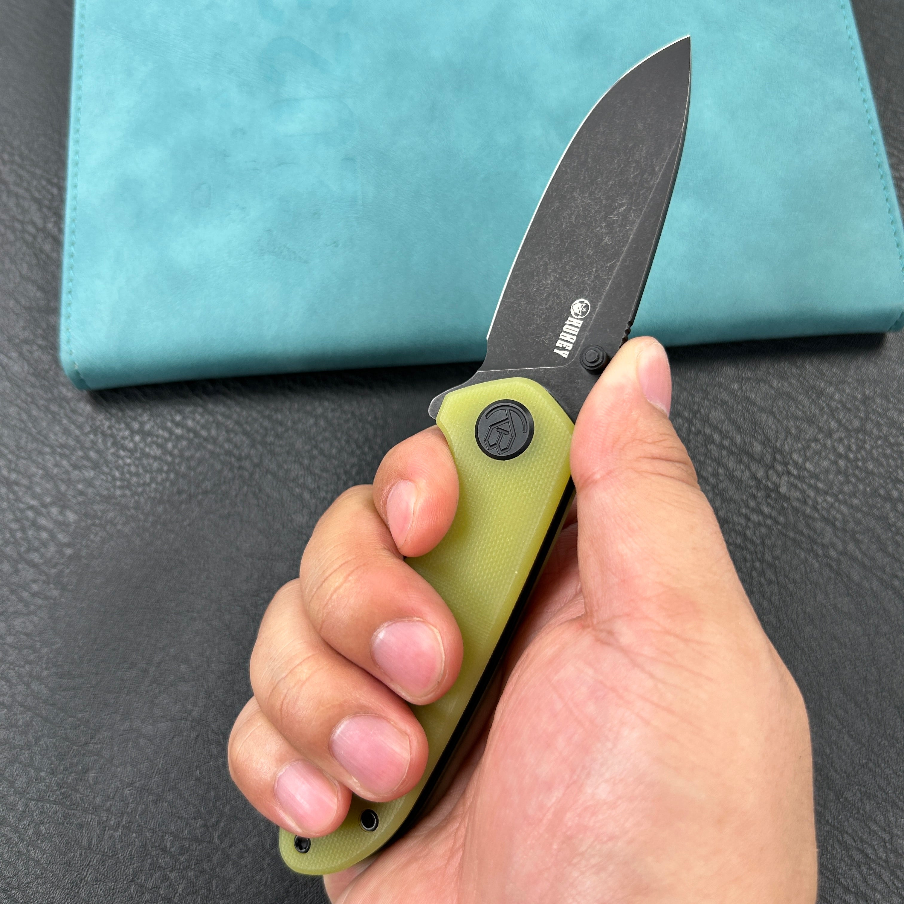 KUBEY KU342G Belus Thumb Stud Everyday Carry Pocket Knife YellowG10 Handle 2.95" Blackwashed AUS-10 Blade