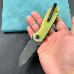 KUBEY KU342G Belus Thumb Stud Everyday Carry Pocket Knife YellowG10 Handle 2.95" Blackwashed AUS-10 Blade