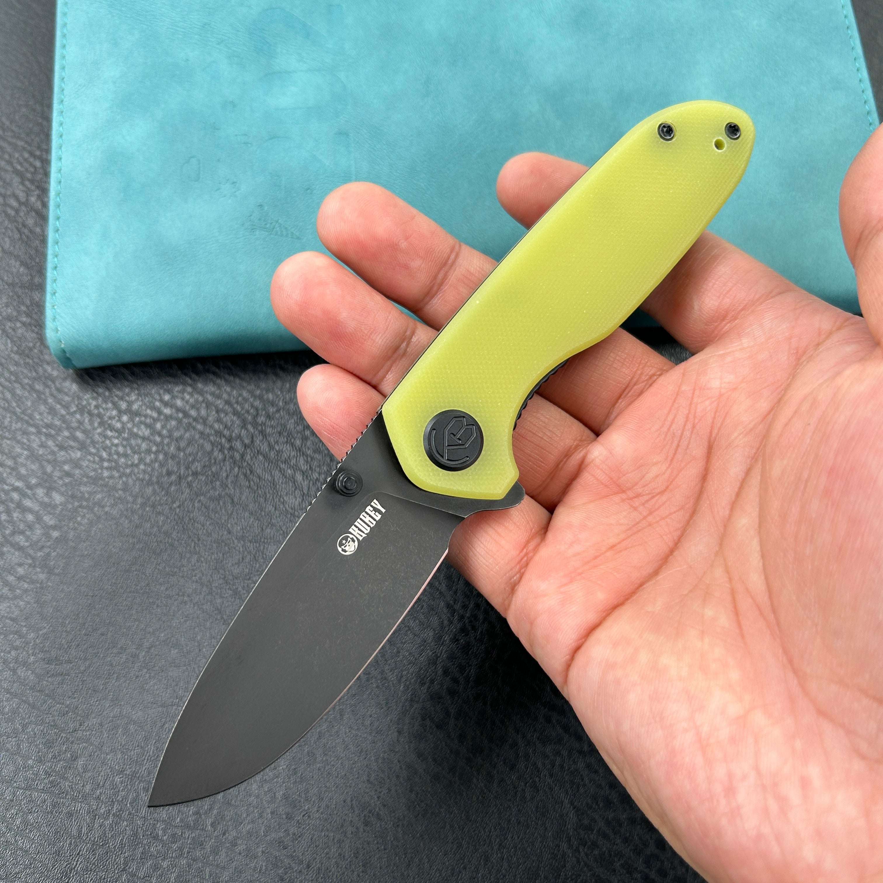 KUBEY KU342G Belus Thumb Stud Everyday Carry Pocket Knife YellowG10 Handle 2.95" Blackwashed AUS-10 Blade