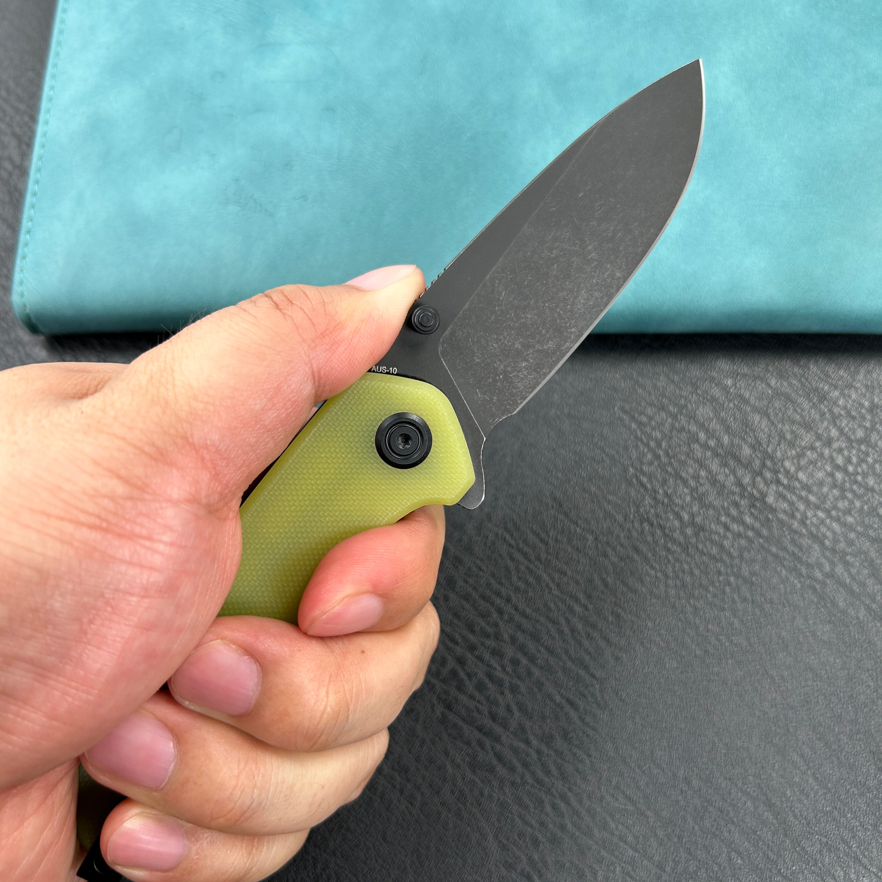 KUBEY KU342G Belus Thumb Stud Everyday Carry Pocket Knife YellowG10 Handle 2.95" Blackwashed AUS-10 Blade