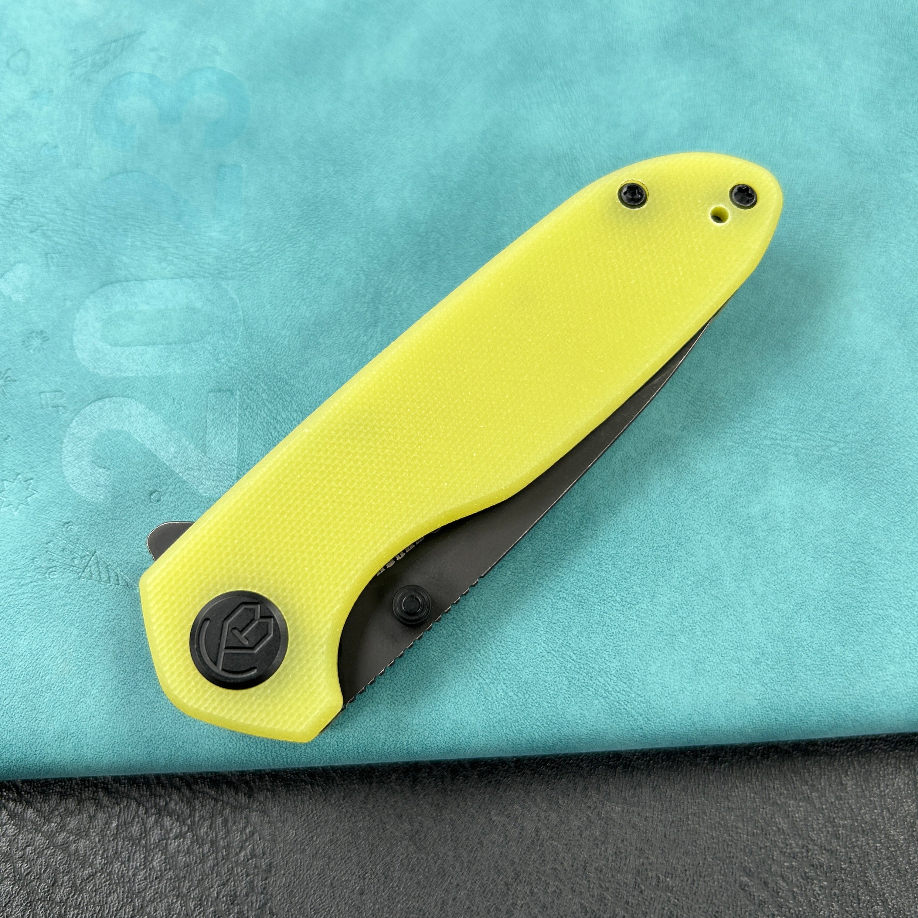 KUBEY KU342G Belus Thumb Stud Everyday Carry Pocket Knife YellowG10 Handle 2.95" Blackwashed AUS-10 Blade